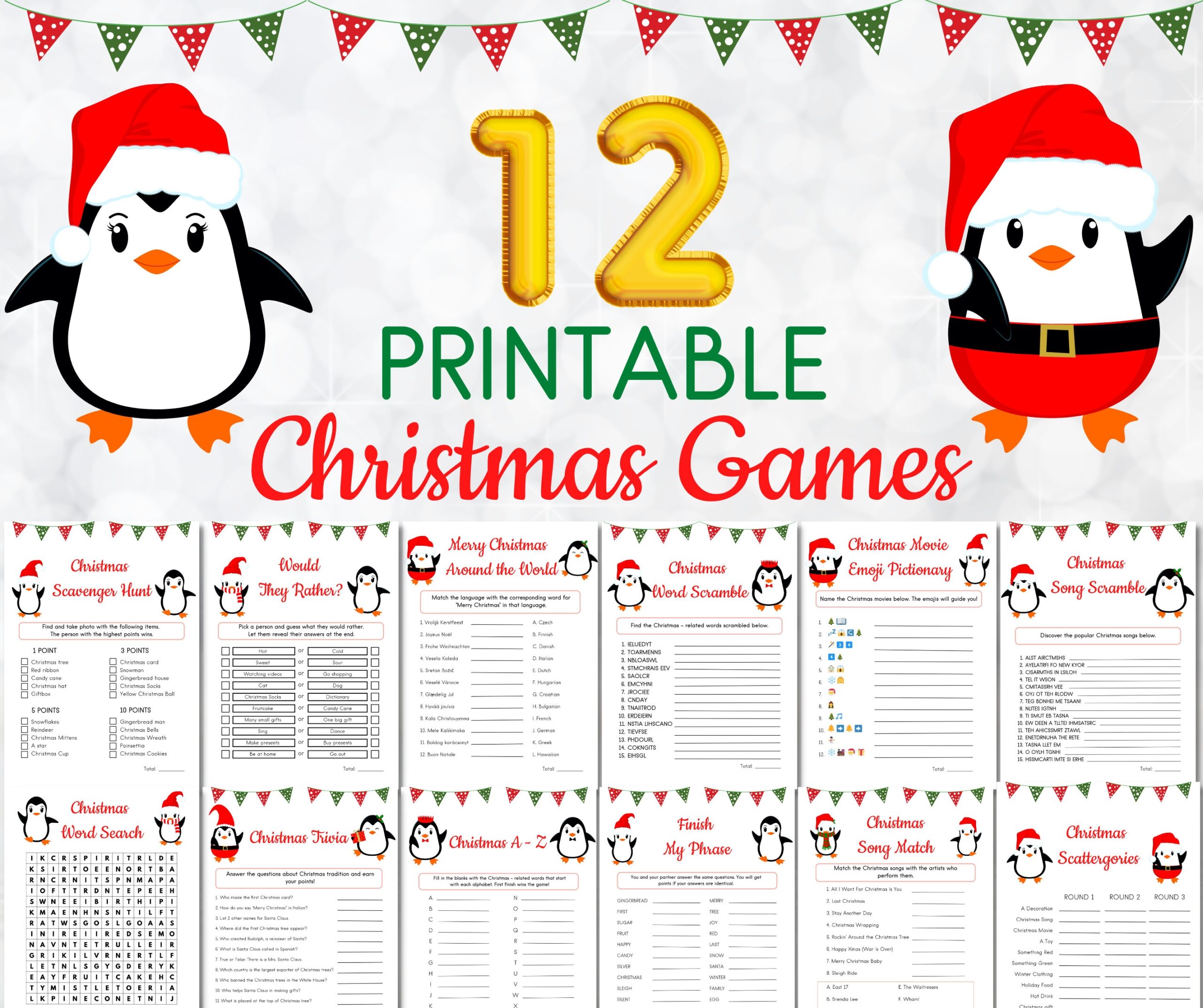 12 Printable Christmas Game Bundle Christmas Party Games For Kids Holiday Games Family Virtual Family Christmas Games Office Christmas Game Etsy