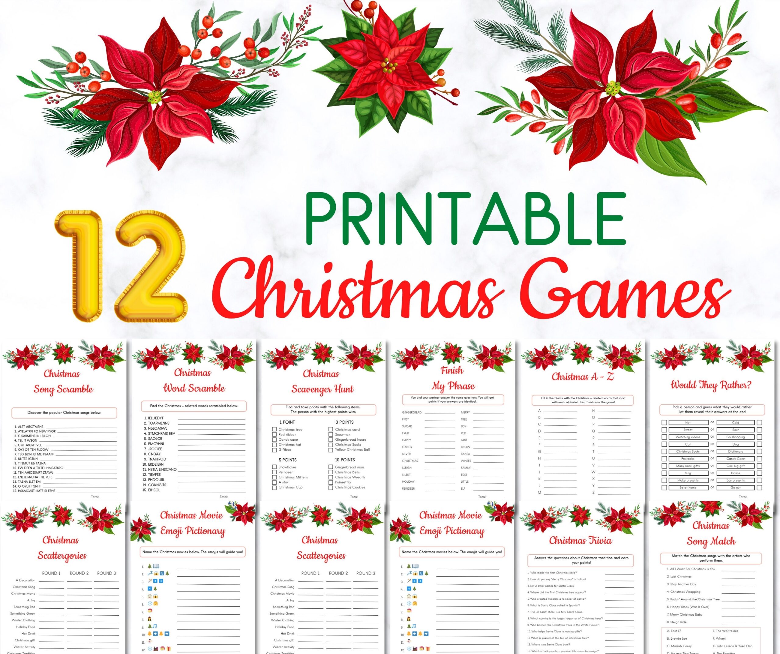 12 Printable Christmas Game Bundle Christmas Party Games For Kids Holiday Games Family Virtual Family Christmas Games Office Christmas Game Etsy