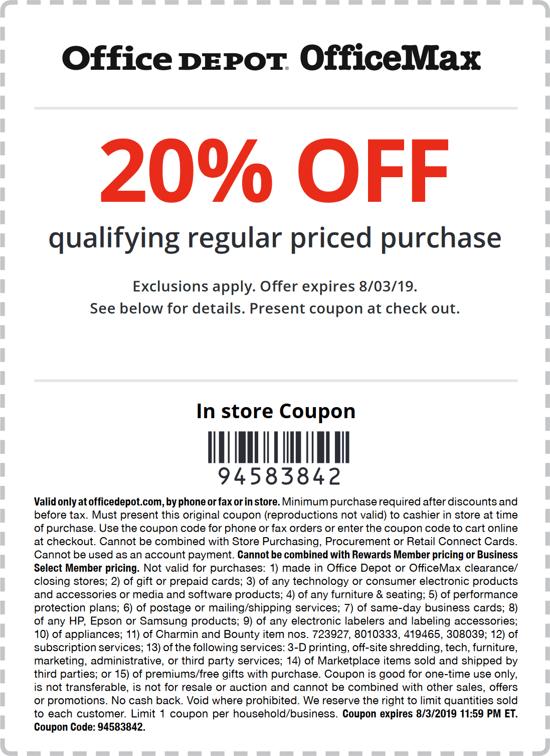 20 Off At Office Depot OfficeMax Or Online Via Promo Code 94583842 Office Depot July 2025 Coupons Promo Codes Deals 