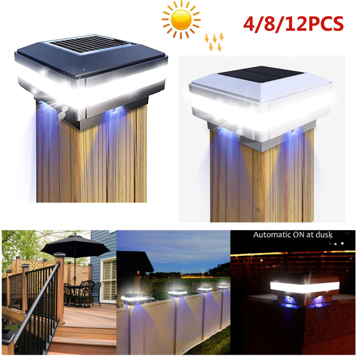 4 8 12pack LED Solar Post Lights Outdoor Garden Fence Deck Cap IP65 Waterproof EBay