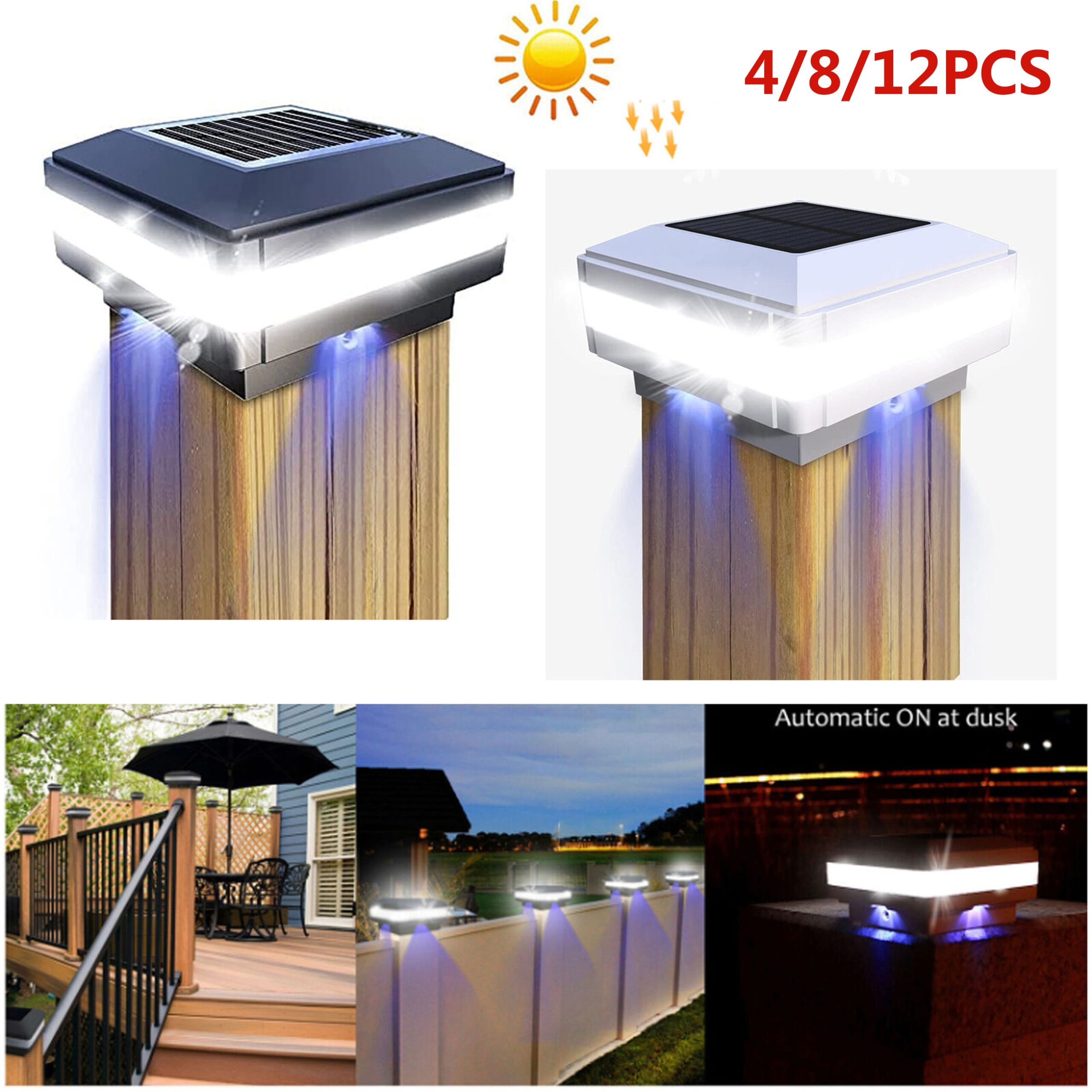 4 8 12pack LED Solar Post Lights Outdoor Garden Fence Deck Cap IP65 Waterproof EBay