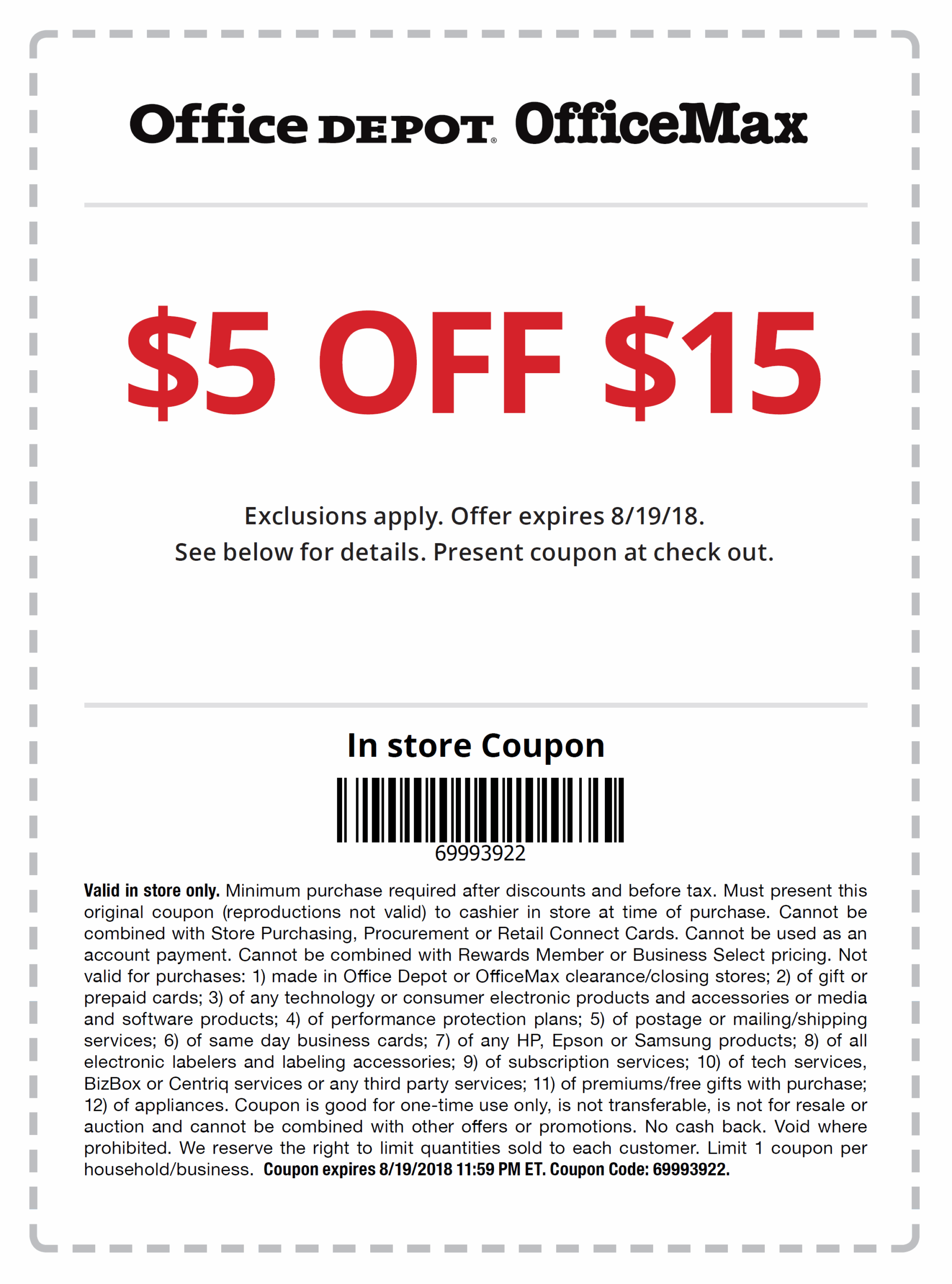  5 Off 15 In Store Coupon Office Depot Office Max PhatWallet