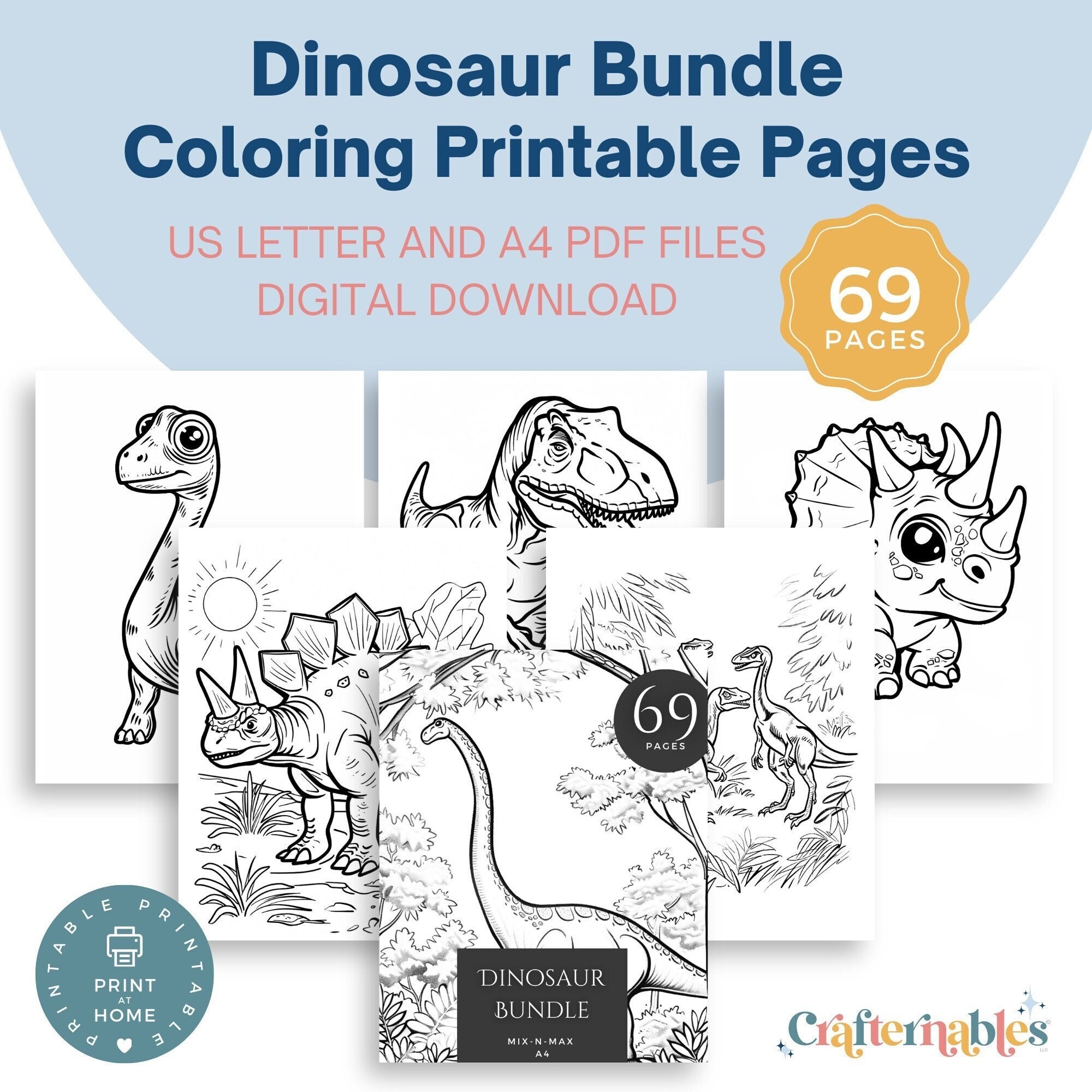 69 Dinosaur Coloring Page Bundle For Adults Kids Relaxing And Fun Instant Download Printable PDF Sheets In US Letter And A4 For All Etsy
