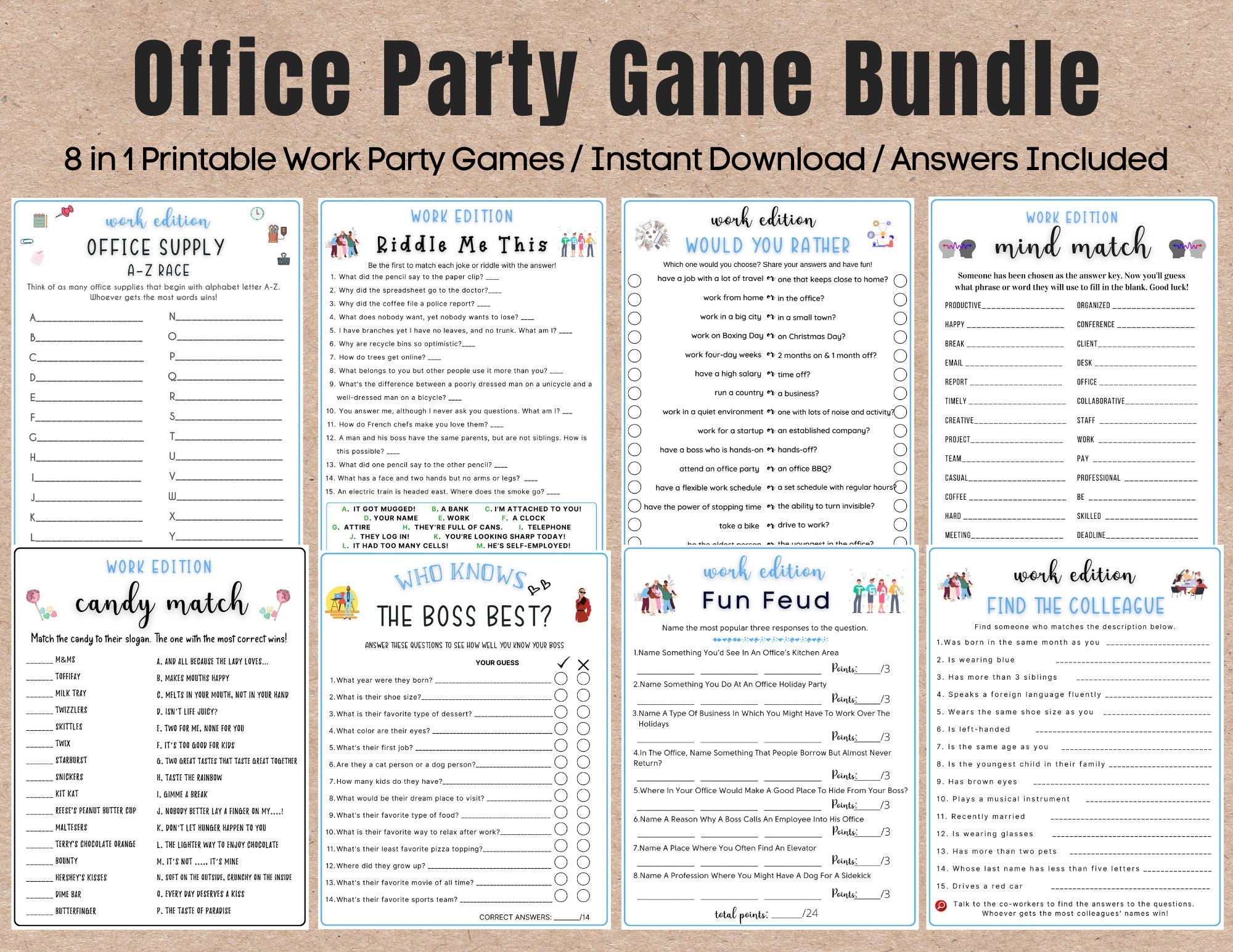 8 Office Party Printable Game Bundle Coworker Staff Games Fun Work Party Game Office Retirement Party Icebreaker Team Building Game Etsy