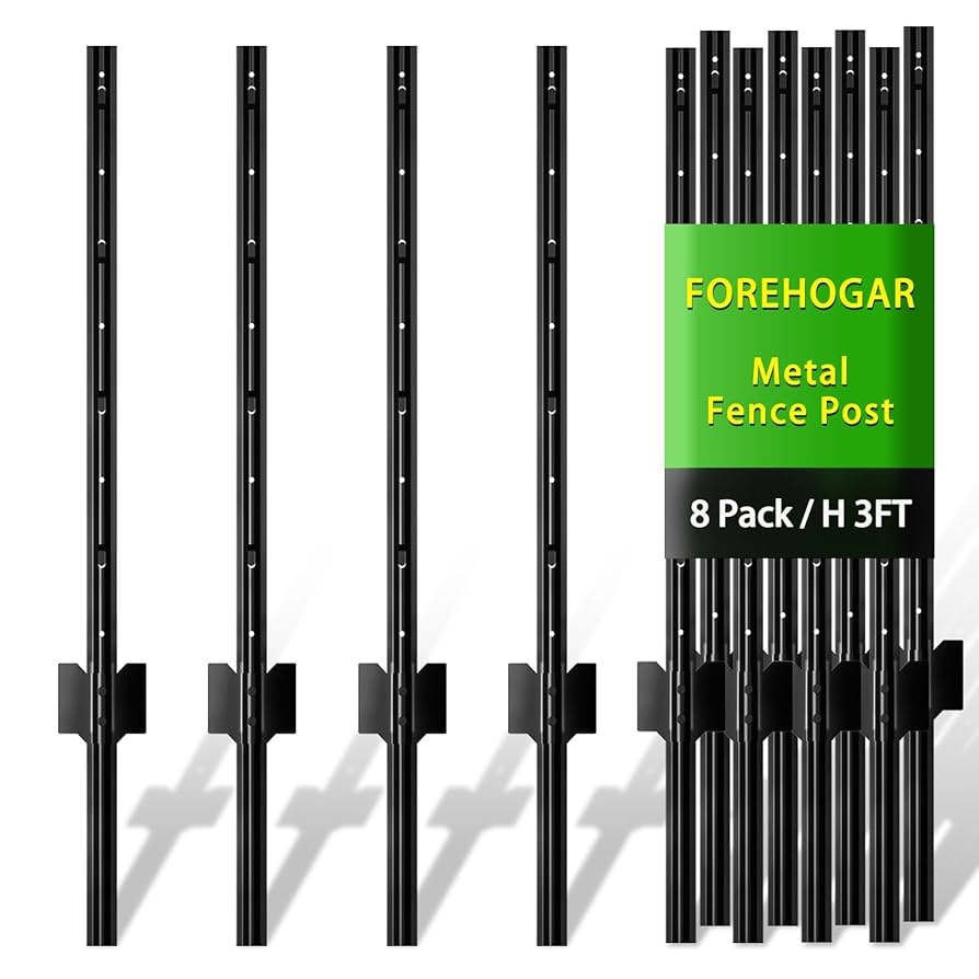 Amazon FOREHOGAR Metal Fence Post 3 Feet Black Pack Of 8 T Posts For Wire Fence No Dig Steel U Posts Fencing For Lawn Garden Wire Mesh Fence Poles Sign Outdoor