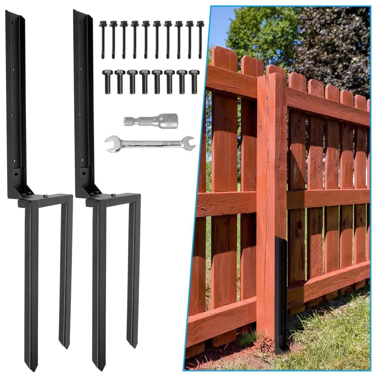 Amazon Nrspp Heavy Duty Steel Fence Post Repair Stakes 2 Pcs Fence Post Anchor Double Ground Spike For Repair Tilted Broken Wood Fence Post Tools Home Improvement