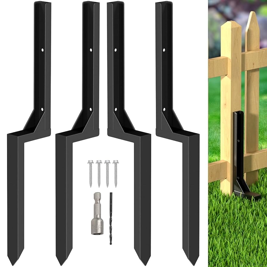 Amazon WIMART Fence Post Repair Kit Heavy Duty Steel Fence Post Anchor Ground Spike For Repair Tilted Broken Wood Fence Post Black Set 4 Tools Home Improvement