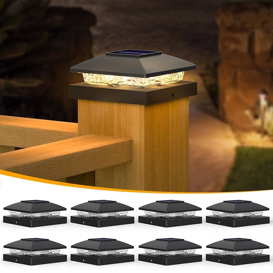 APONUO Solar Post Cap Lights For 4x4 Posts Bright Warm White LED Post Cap Lights Solar Powered IP64 Waterproof All Night Lighting Black 8 Pack Deck Fence Patio Light Easy Install 
