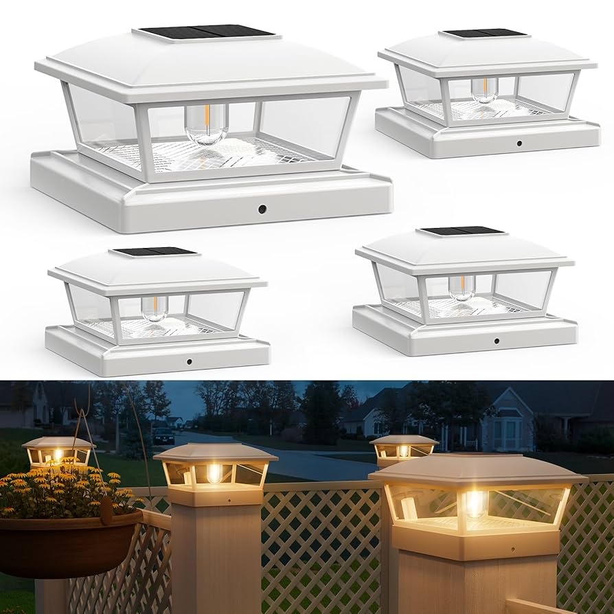 APONUO Solar Post Lights Outdoor 2 Modes Edison LED Bulbs Solar Post Cap Lights For 4x4 5x5 6x6 Vinyl Wooden Posts Waterproof Fence Post Lights Solar Powered For Deck Fence Porch White 4 Packs 