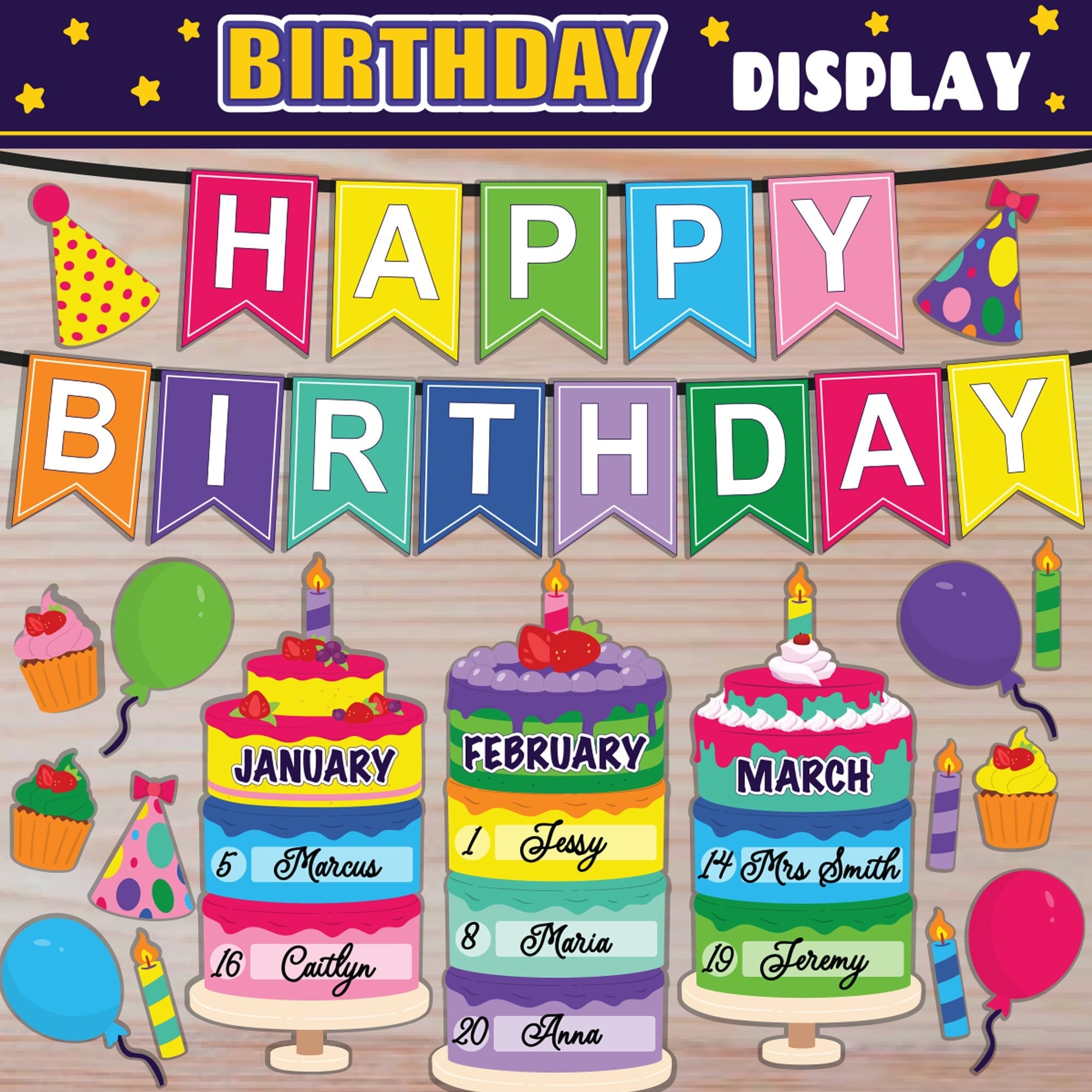 Birthday Display Classroom Decor PRINTABLE With Birthday Banner Bulletin Board Door Display RAINBOW Bright Colors Class Birthdays Etsy