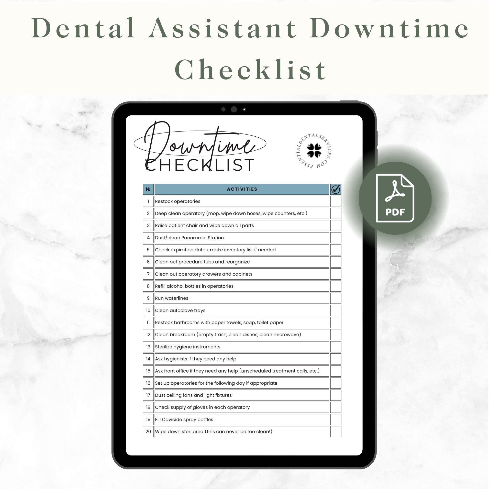 Dental Assistant Downtime Duties Checklist digital Download Etsy