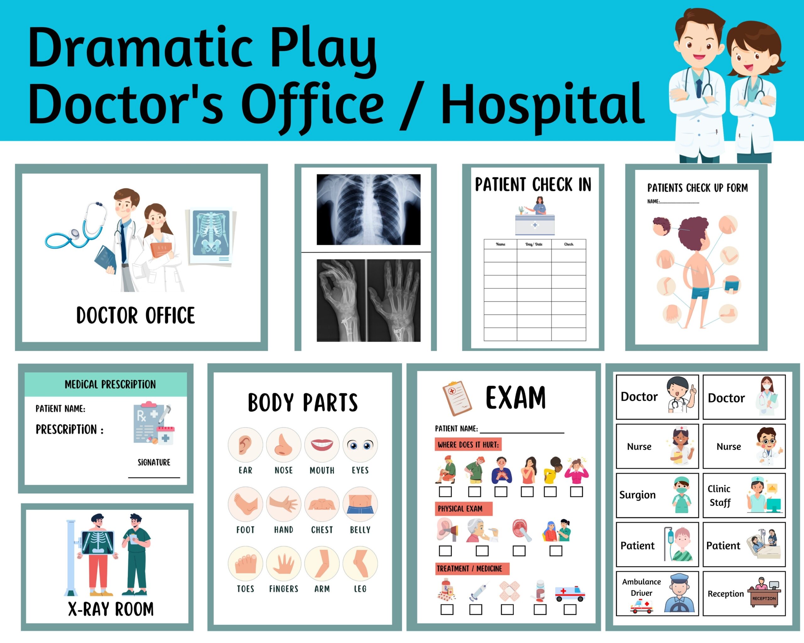 Doctor Printable Pretend Play Clinic Hospital Dramatic Role Play preschool Homeschool Activity patient Exam Kids Learning Through Play Etsy