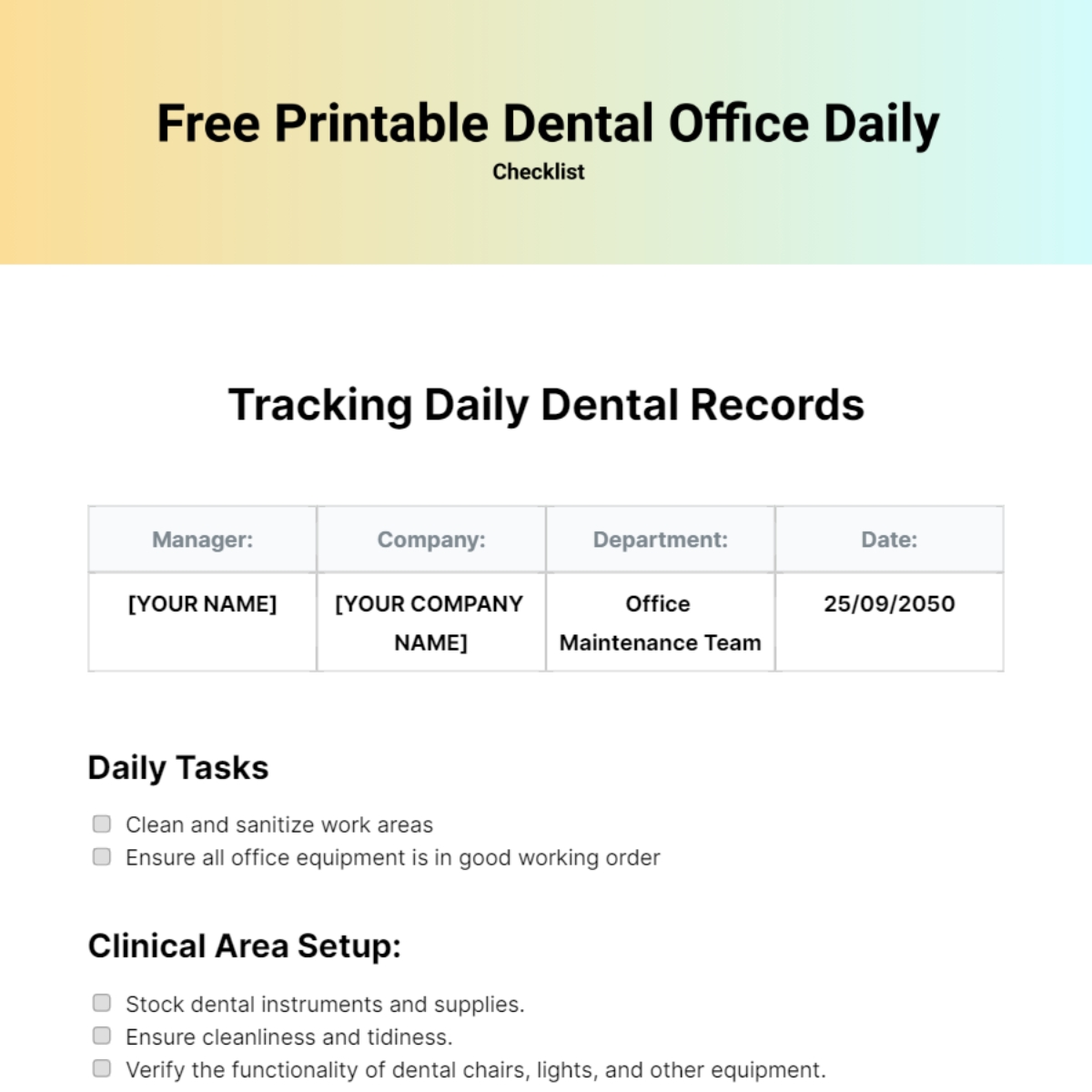 Free Printable Dental Office Daily Checklist Template To Edit Online