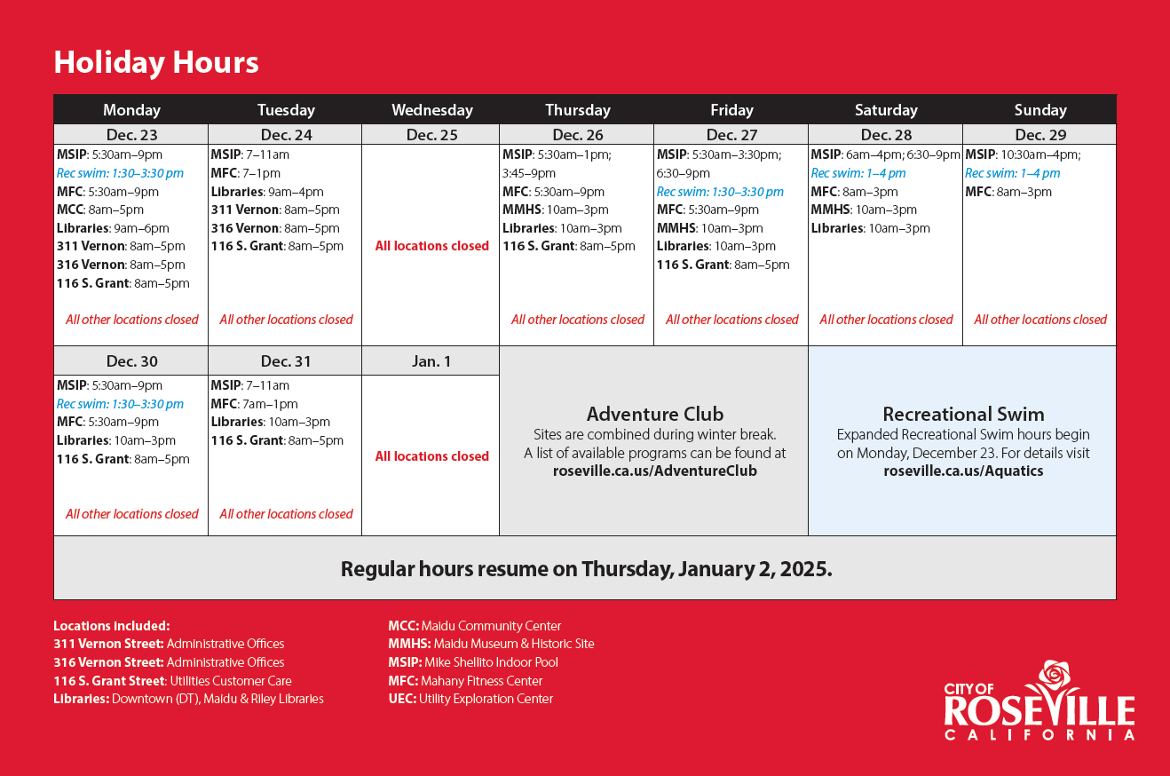 Holiday Hours City Of Roseville
