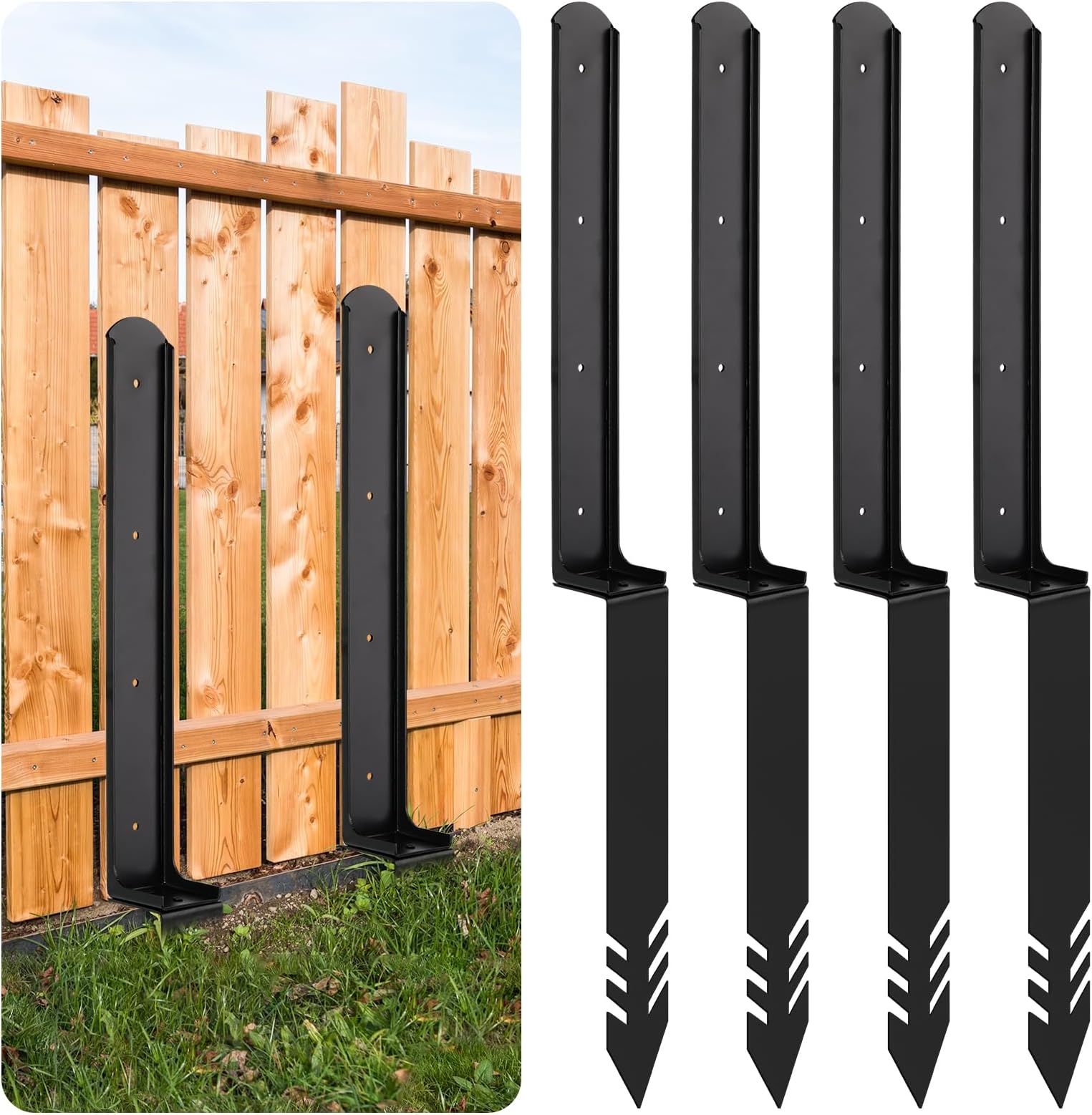Kit 4 Pcs Fence Post Repair Kit Heavy Duty Fence Post Anchor Ground Stakes For Repair Tilted Broken Wood Support Fence Repair