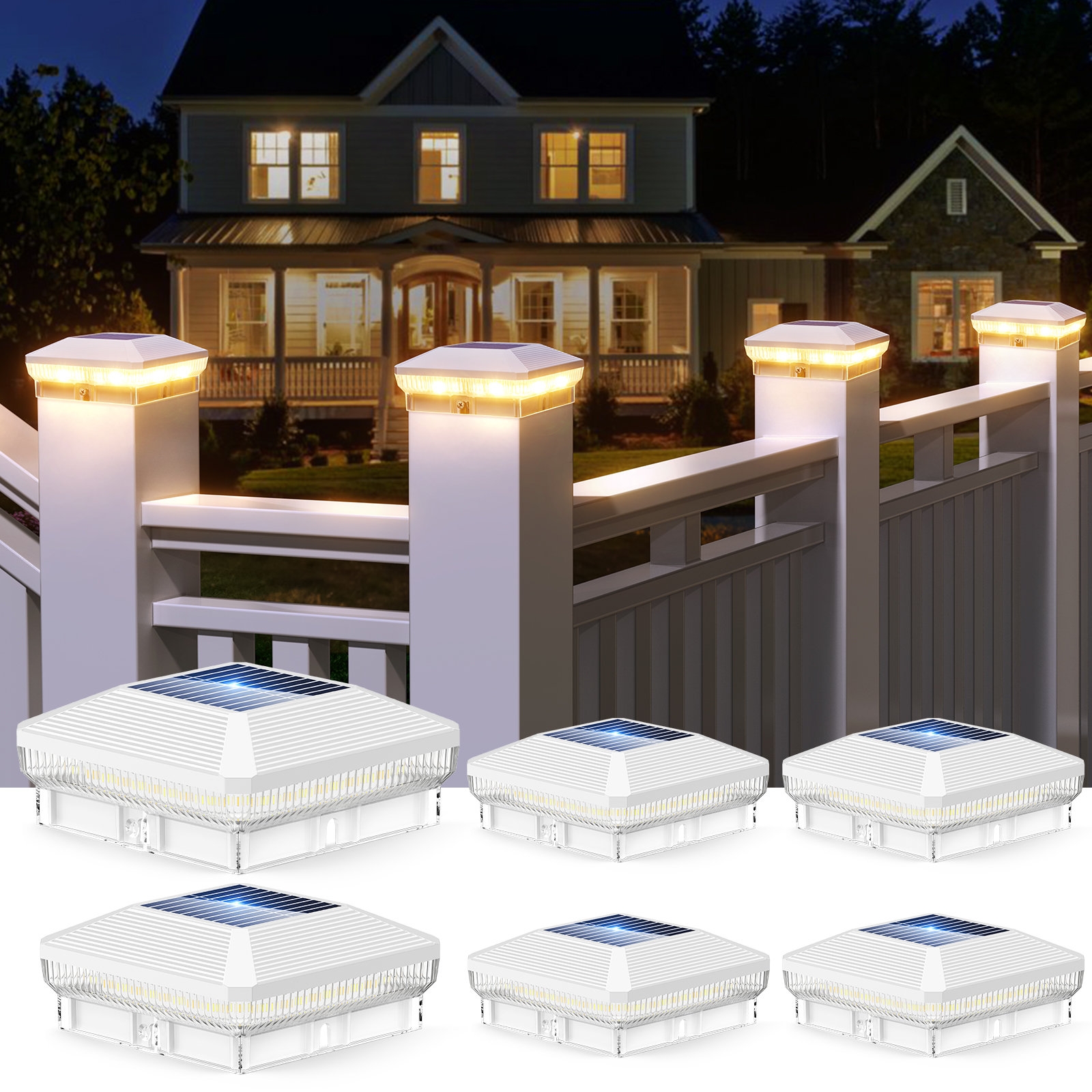 KOOPER Solar Post Cap Lights Outdoor 6 Pack 40 Leds 4x4 Post Solar Lights Outdoor Waterproof With 3 Modes 30 Lumens Fence Post Solar Lights Solar Powered Deck Fence Post Lights For