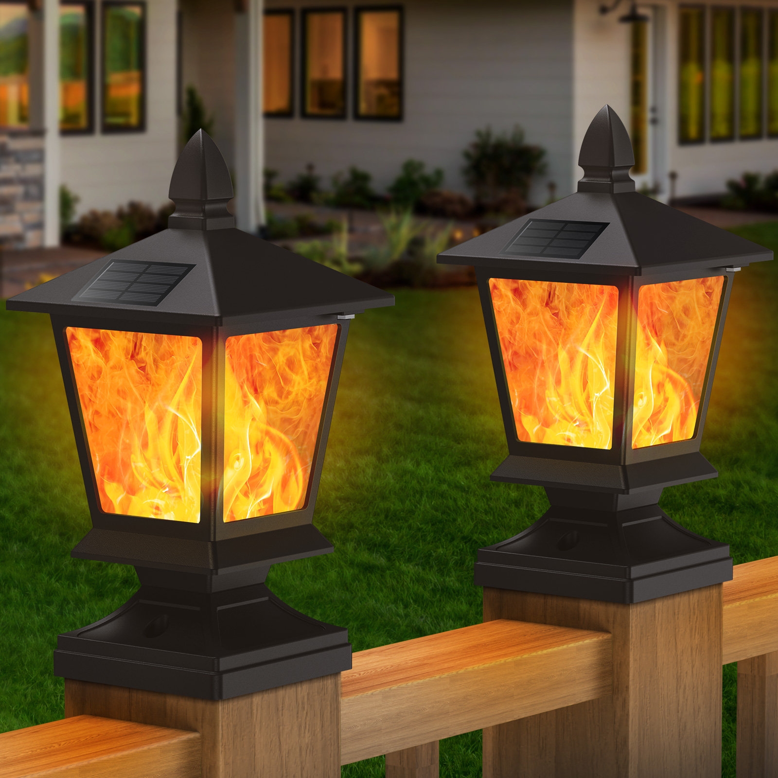 Kooper Solar Post Lights 2 Pack Outdoor Solar Deck Fence Post Cap Lights With Flickering Flame Waterproof 4x4 5x5 6x6 Solar Lights Outdoor Garden Decorative Post Top Solar Lights For Fence Deck