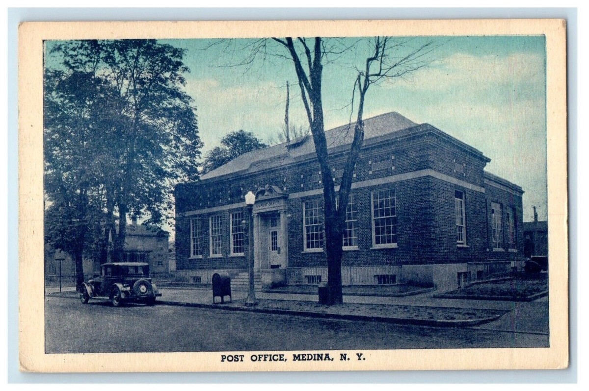 Medina NY Post Office Mailbox Building Car Street View Vintage Postcard EBay