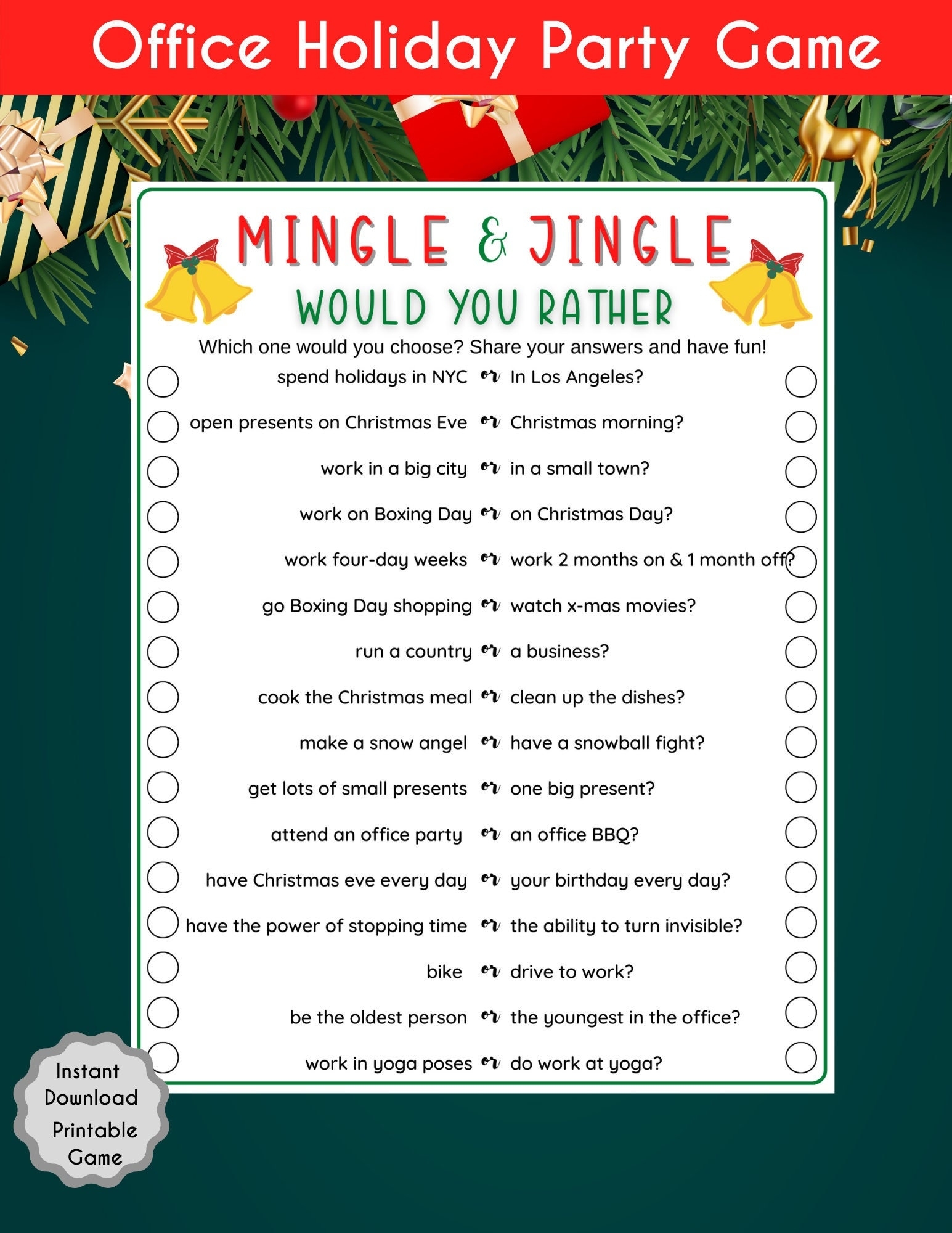 Office Holiday Party Would You Rather Game Christmas Printable Worksheets Library