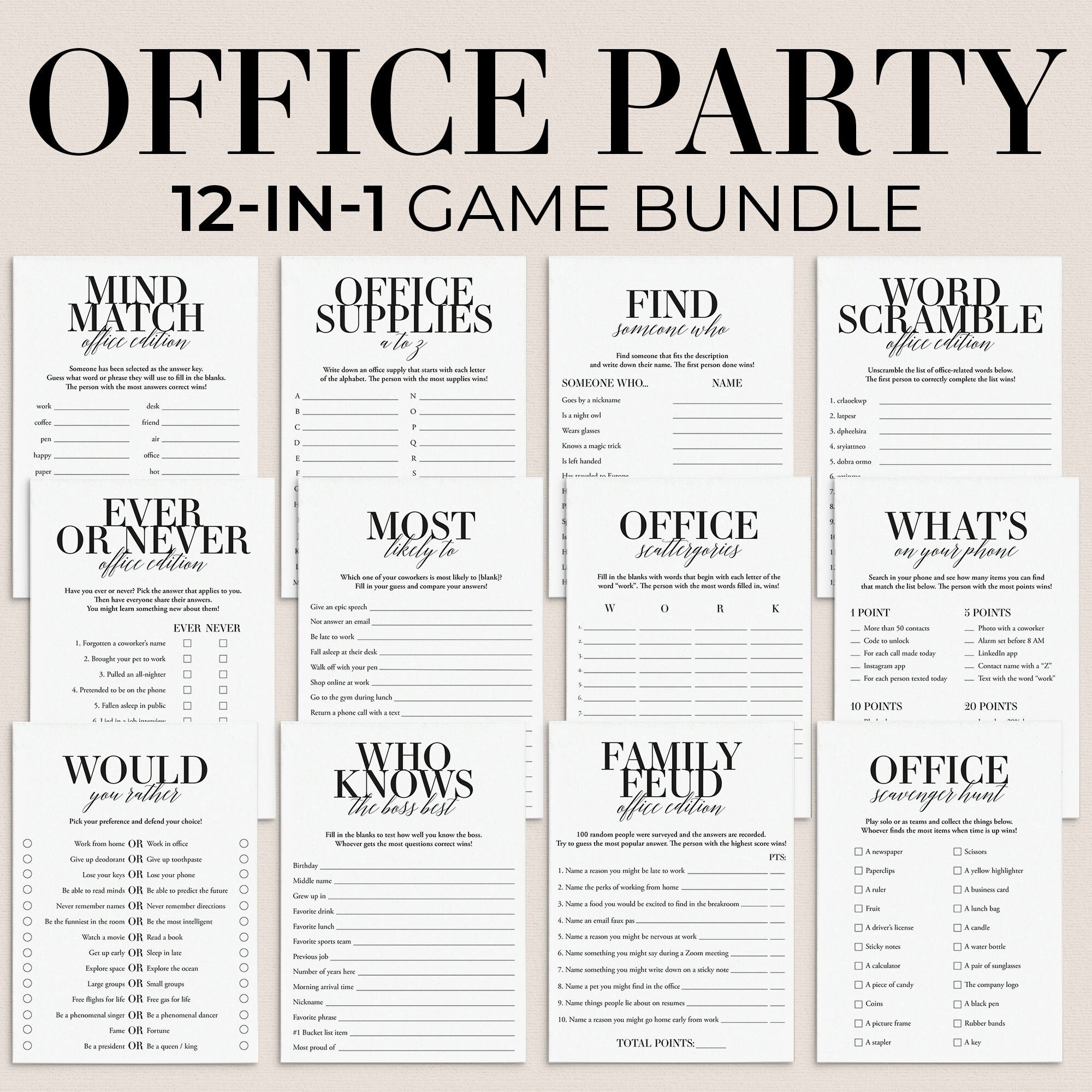 Office Party Games Bundle Printable Games For Work Team Building Icebreaker Games Simple Happy Hour Games Fun Work Party Activities MB2 Etsy