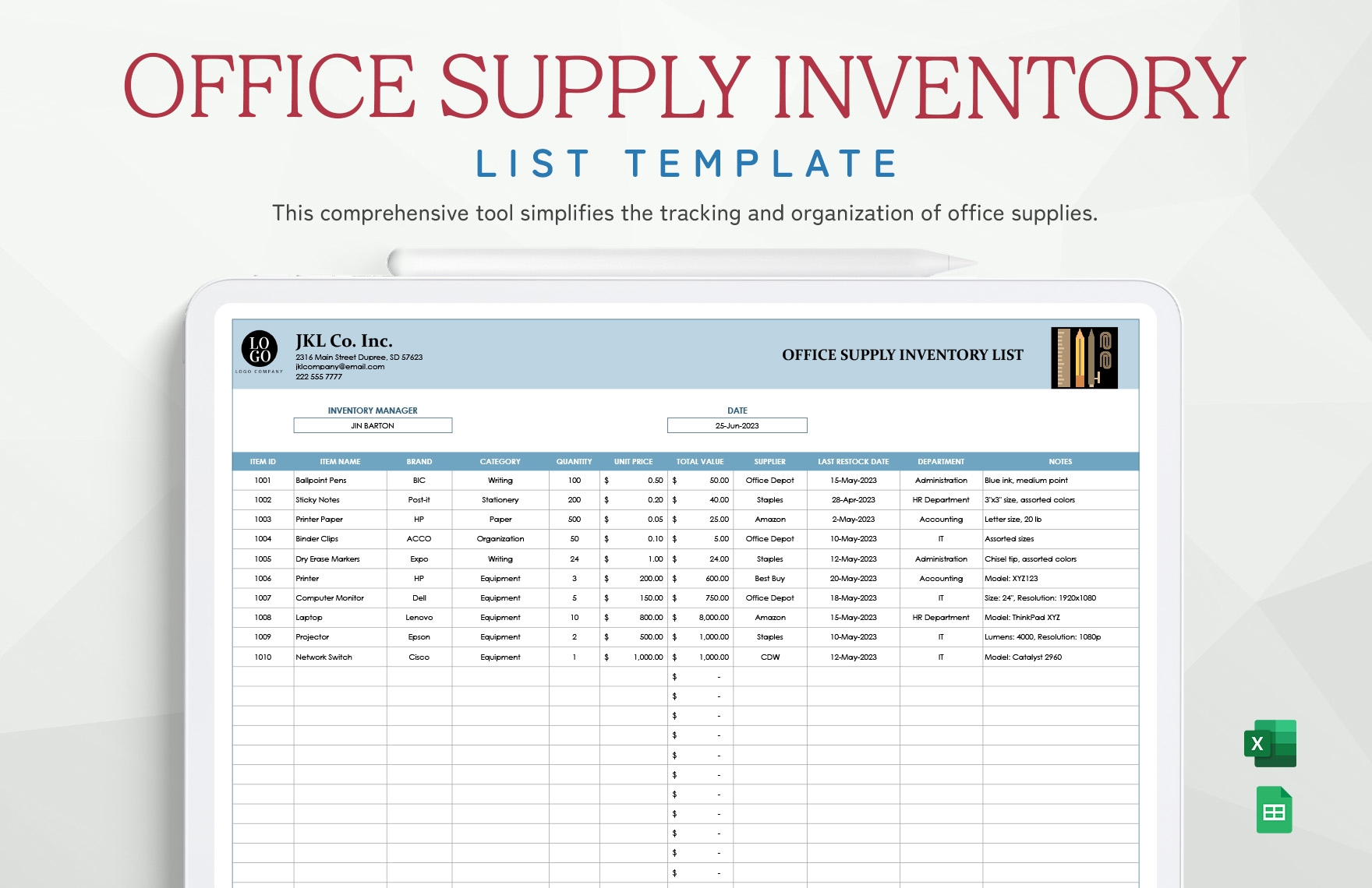 Office Supply Inventory List Template In Excel Google Sheets Download Template