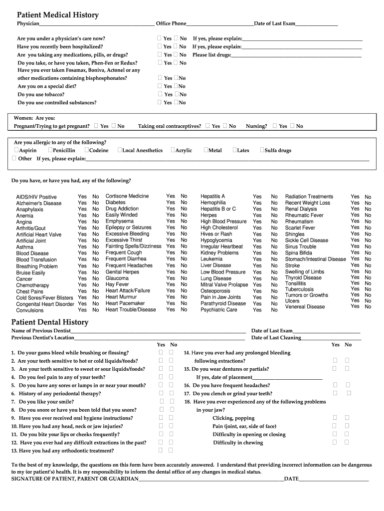 Printable Dental Health History Forms Fill Online Printable Fillable Blank PdfFiller