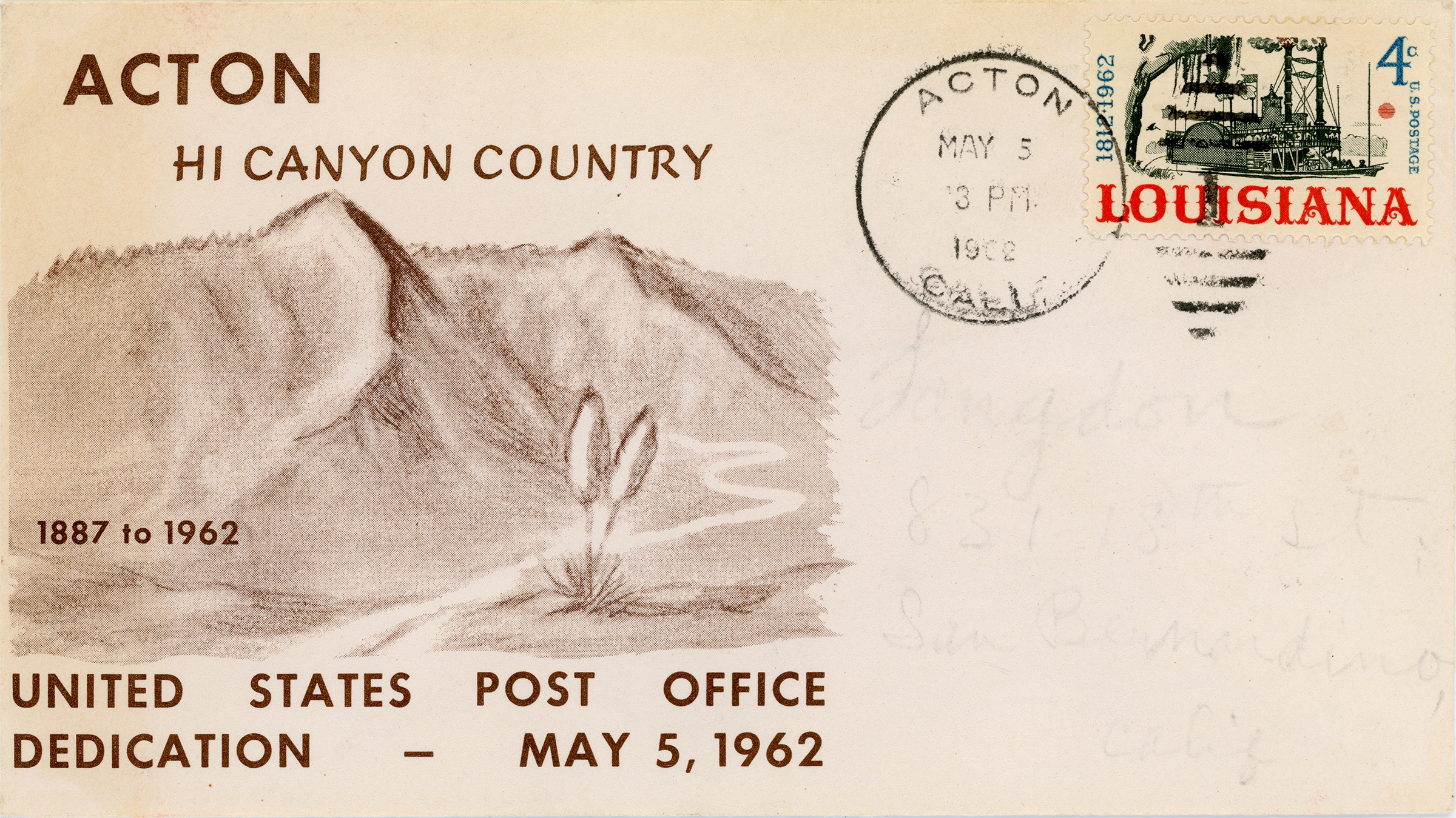 SCVHistory LW2056 Acton Acton Post Office 75th Anniversary Cover 1962 