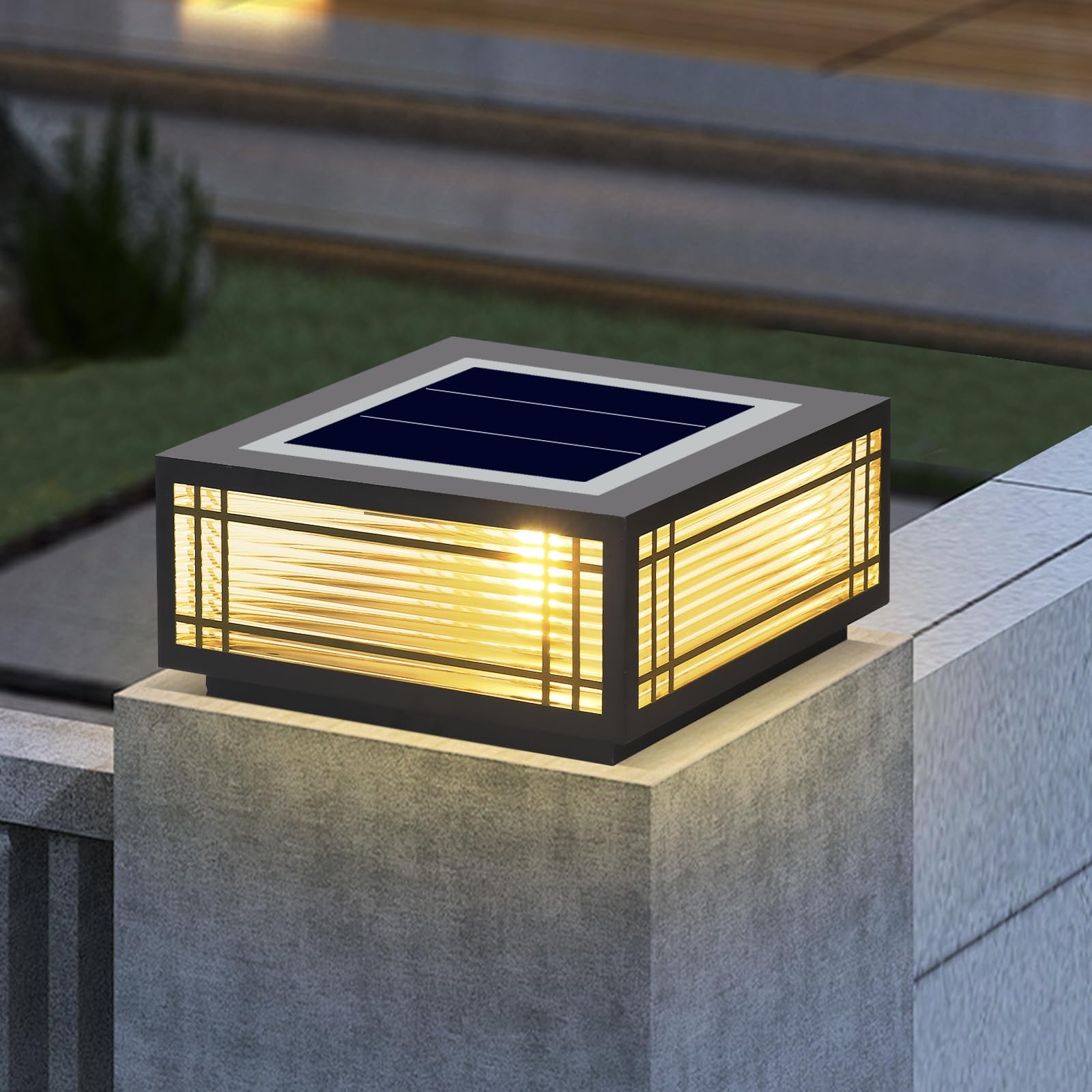 SLAWA Solar Post Light Fixture Exterior Pillar Light With LED Solar Power Column Caps Lamps Aluminum Waterproof Glass Fence Post Caps Lights Black Square Outside House Yard Lawn Deck Post Lanterns 