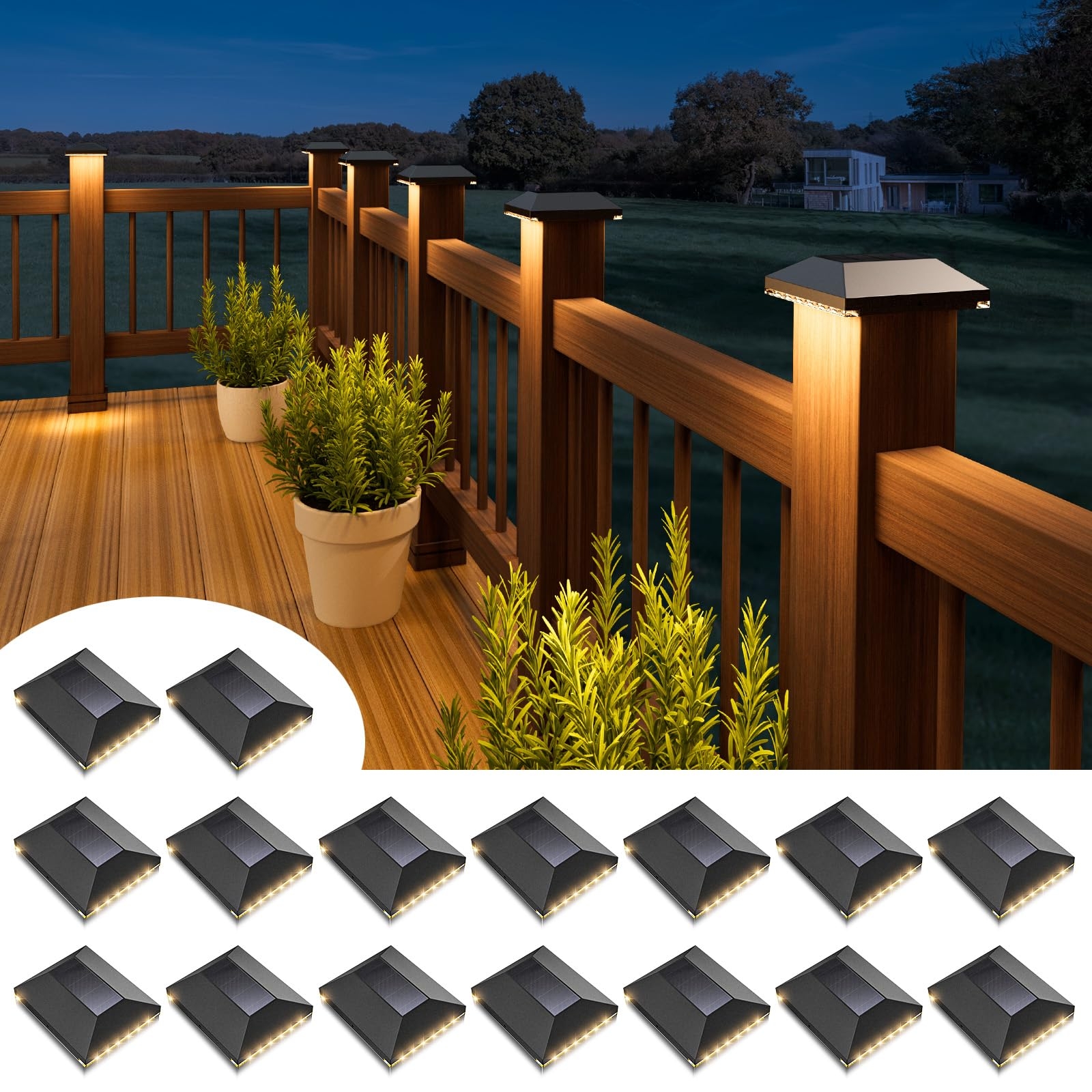 Solar Post Cap Lights Outdoor 16pack Waterproof Solar Fence Post Lights Fit 4x4 Wooden Vinyl Posts Black Solar Deck Post Lights Emit Warm White For Outside Deck Fence Backyard Stair Railing Porch Amazon