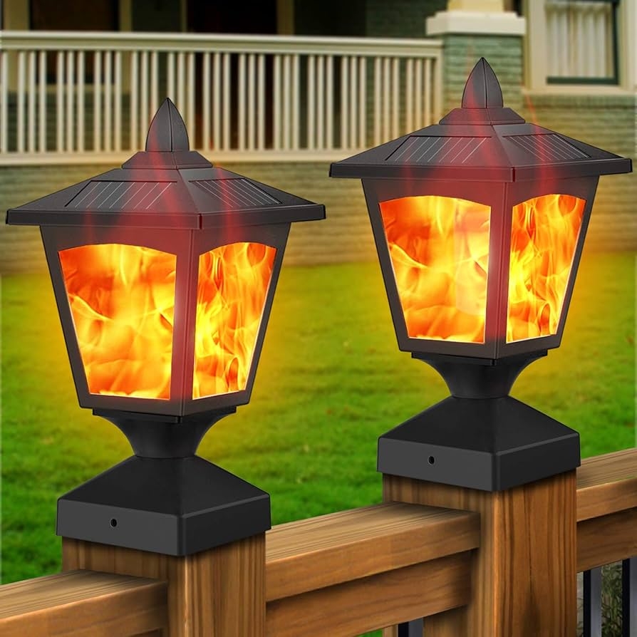 Solar Post Light Outdoor Deck Fence Post Cap Flame Light Waterproof 4x4 5x5 6x6 Black Post Top LED Light 2 Pack 3 5x3 5 Decorative Garden Solar Powered Flickering Light 5 51 X 5 51 X 10 75 Inches 
