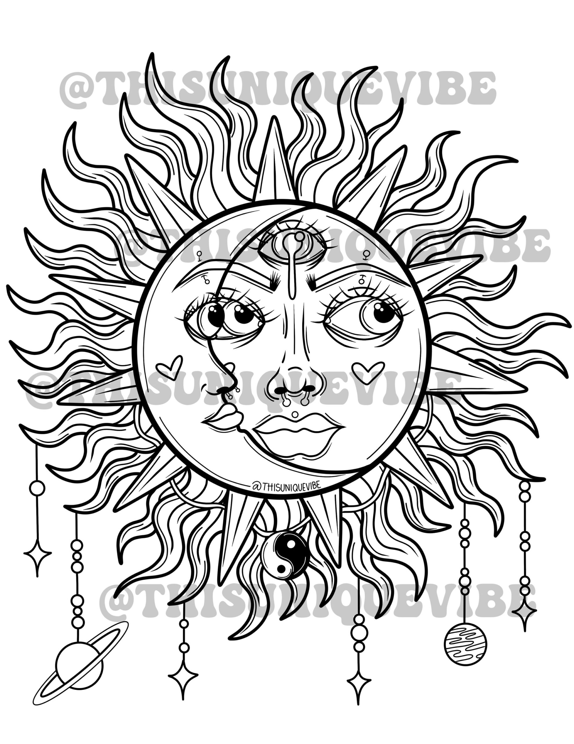 Sun And Moon Goddess Coloring Page printable Adult Coloring Page Coloring Book Trippy Coloring Page Trippy Art Hippie Coloring Page Etsy