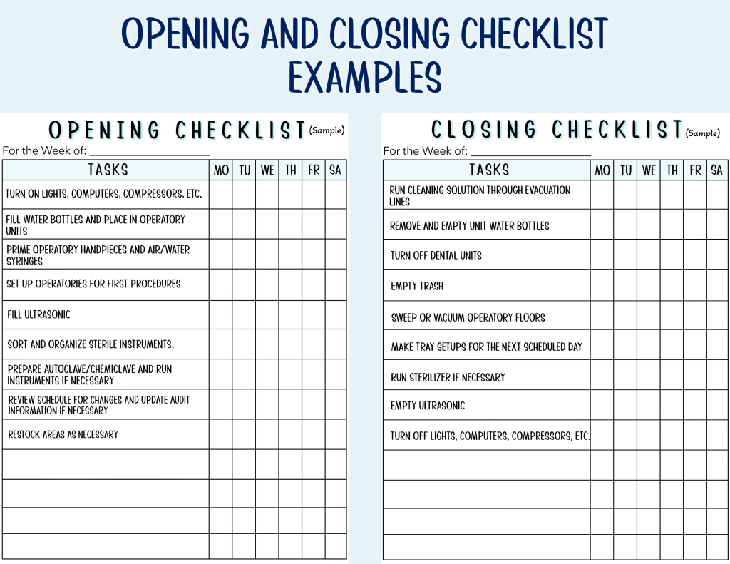 printable dental office daily checklist