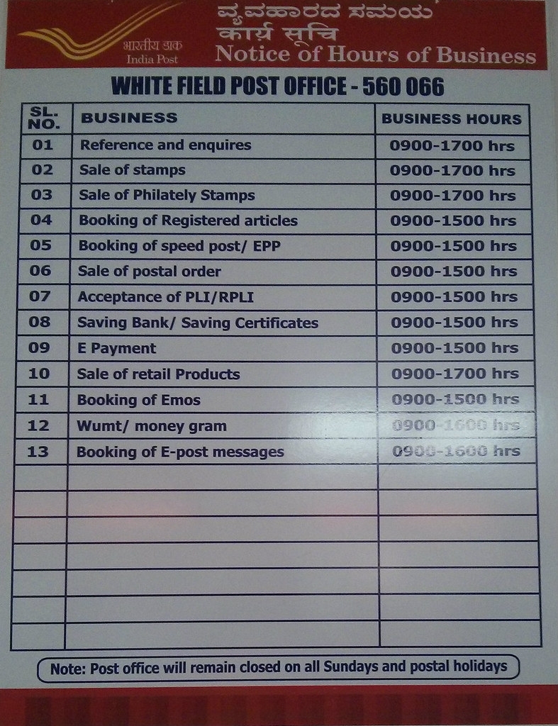 Timing Hours Of Business At Whitefield Post Office Bang Flickr