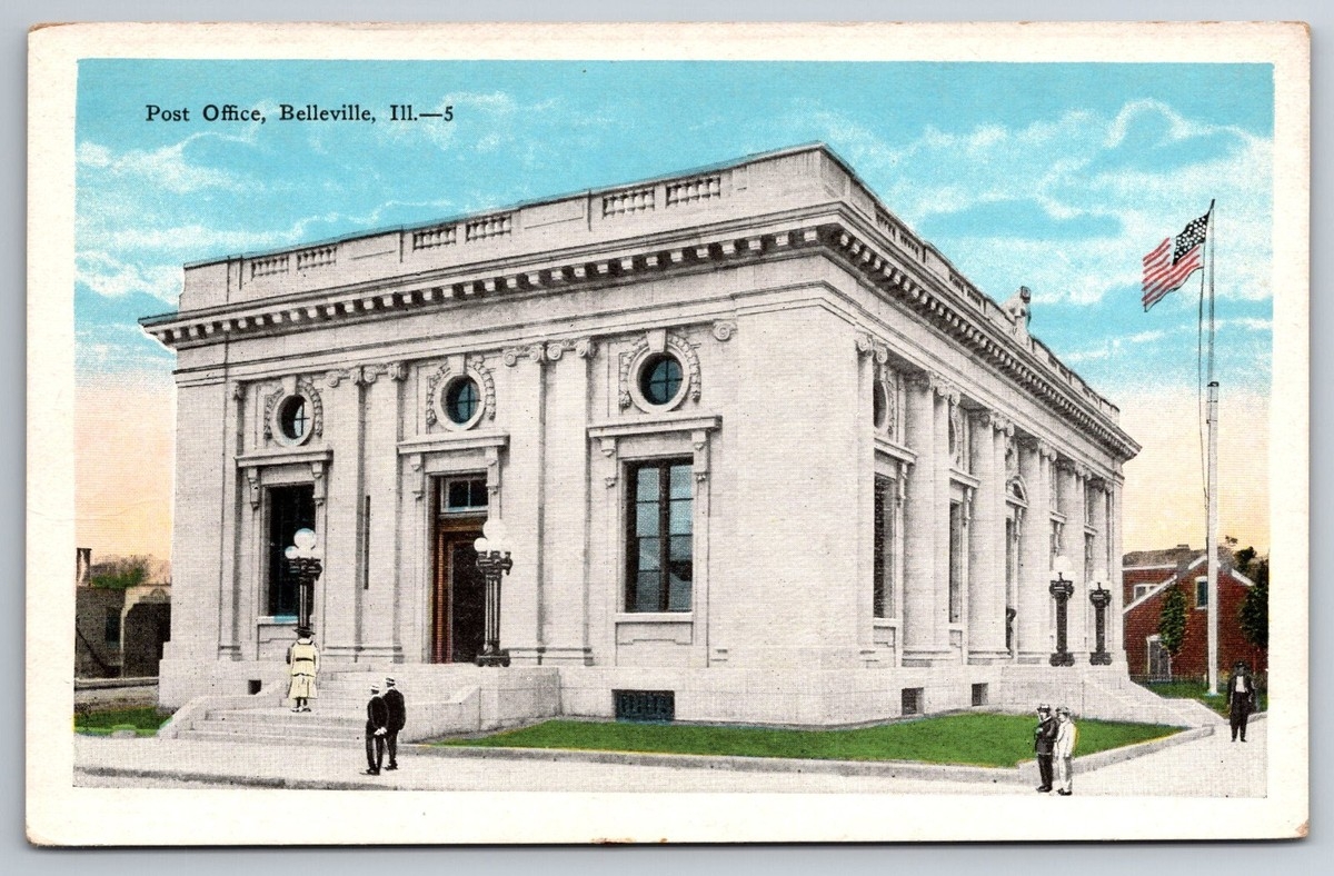 Vintage Postcard IL Belleville U S Post Office People Flag 6005 EBay