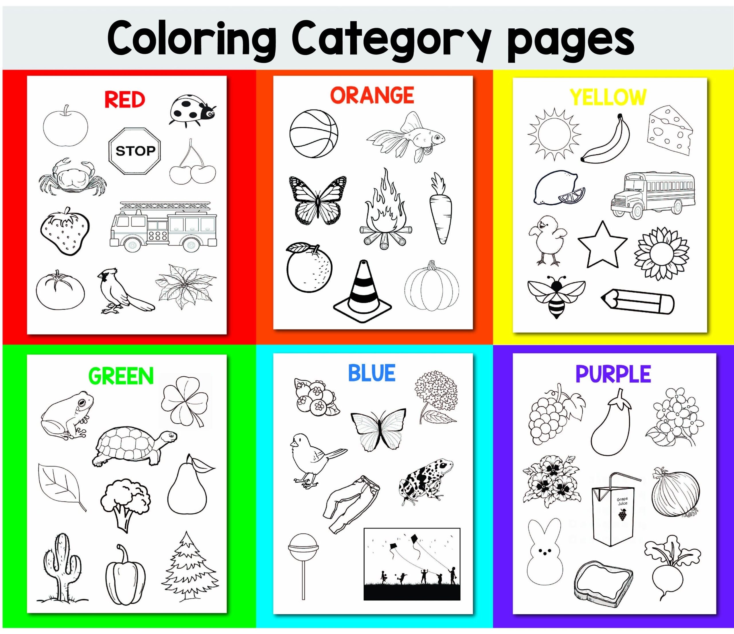 Color By Category Coloring Pages Red Object Coloring Page Orange Coloring Page Yellow Objects Green Coloring Page Blue And Purple Color Etsy