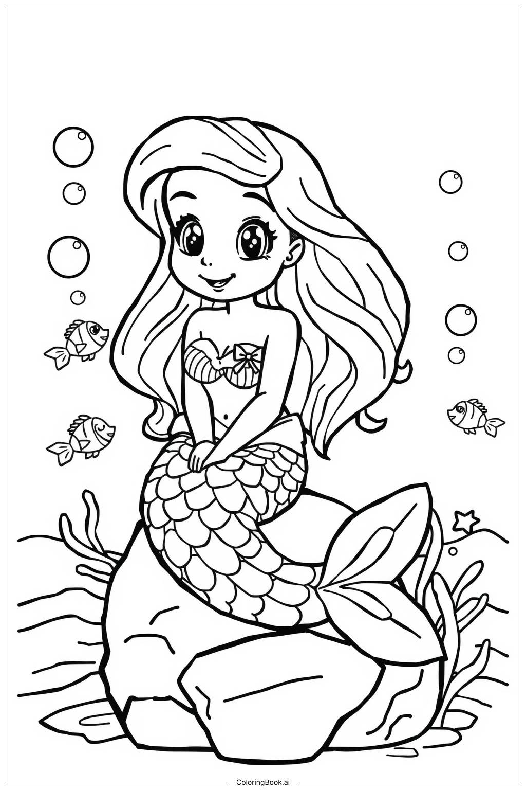 Enchanted Beautiful Mermaid Coloring Page Free PDF PNG Printable 