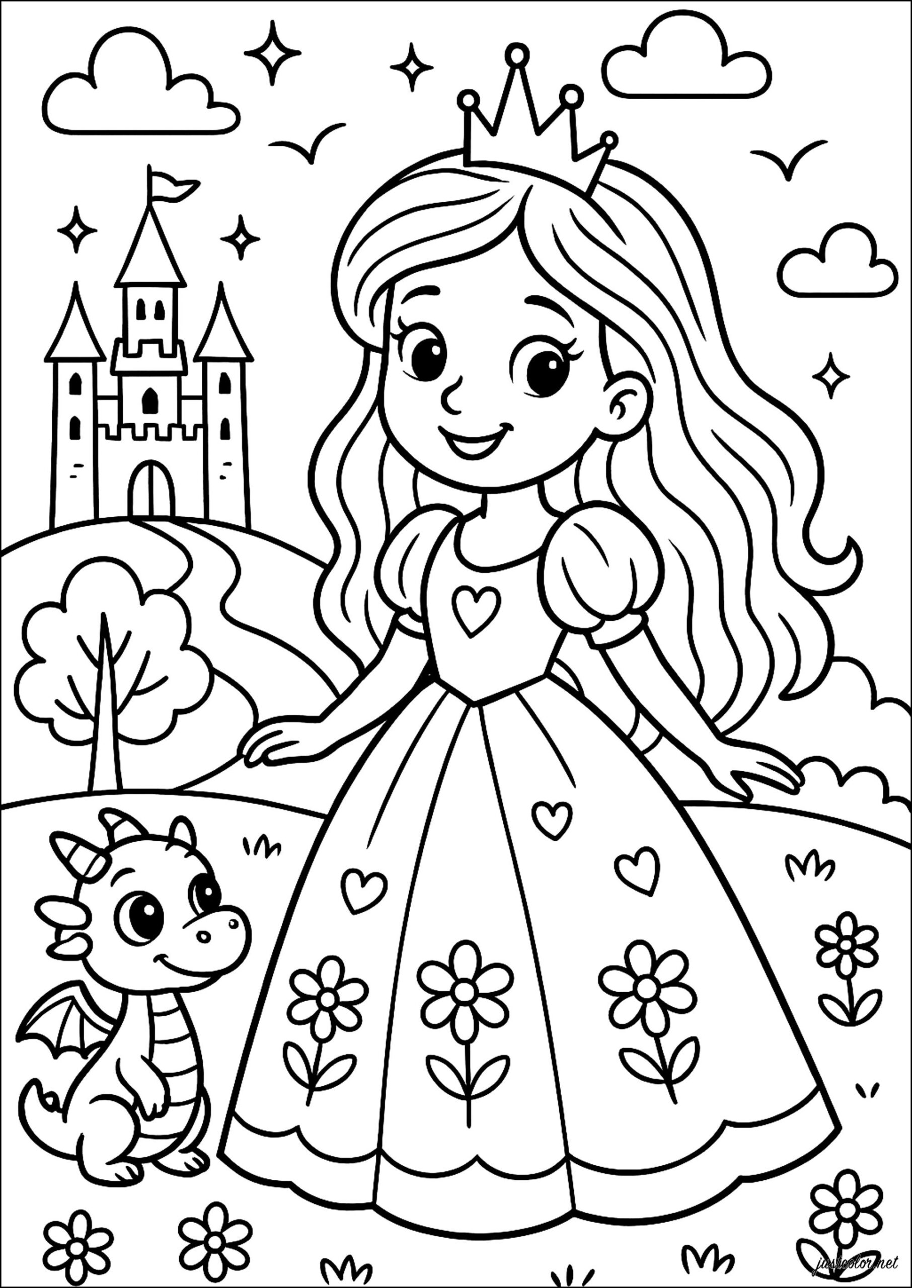 A Princess And Her Happy Dragon Princess Coloring Pages