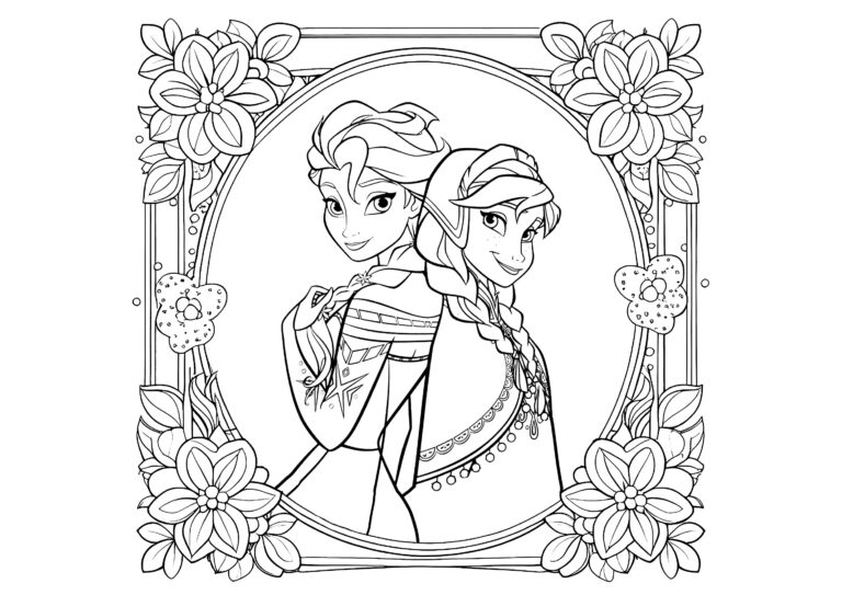 Anna And Elsa In A Flowery Setting Frozen Coloring Pages