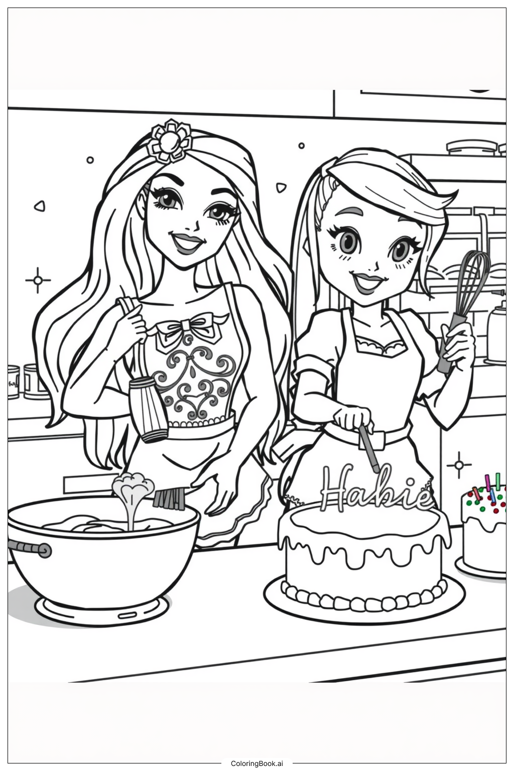 Barbie Cake Baking With Chelsea Coloring Page Free PDF PNG Printable 