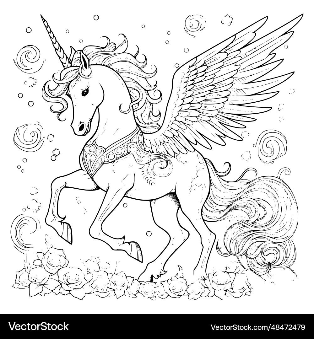 Beautiful Unicorn Pegasus Coloring Pages For Kids Royalty Free Vector VectorStock