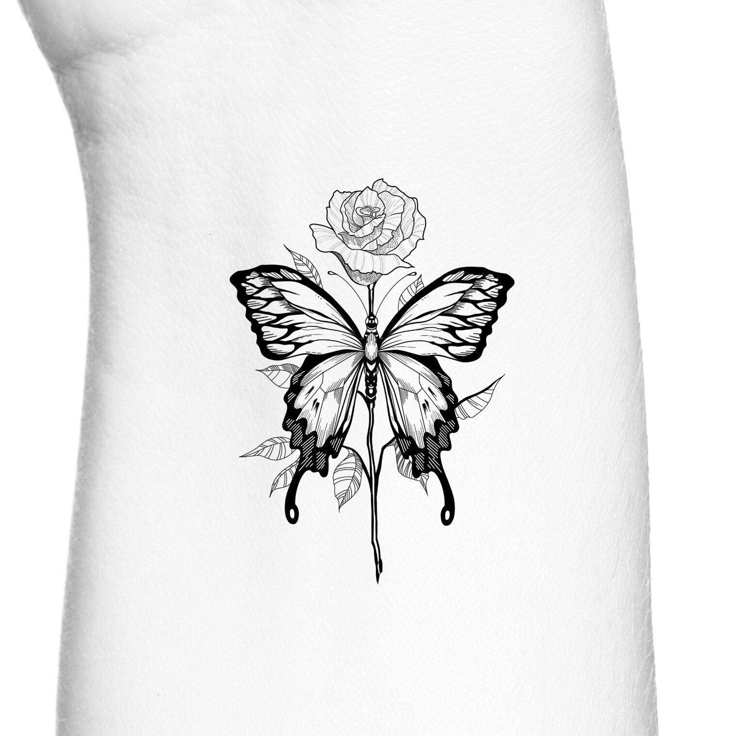 Butterfly Rose With Stem Outline Temporary Tattoo Insect Tattoo Etsy Denmark