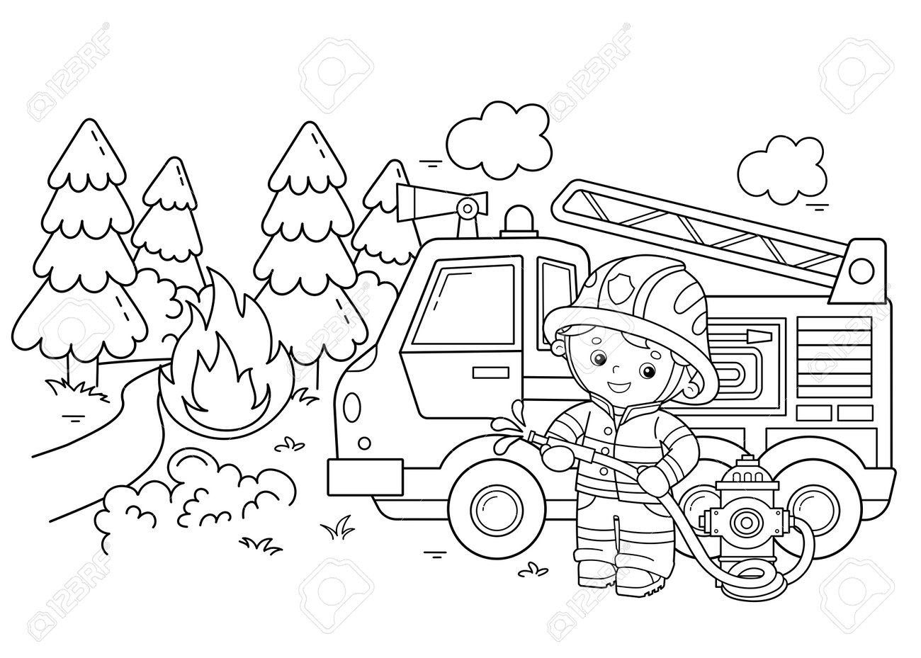 Coloring Page Outline Of Cartoon Fire Truck With Fireman Or Firefighter Fire Fighting Professional Transport Coloring Book For Kids Royalty Free SVG Cliparts Vectors And Stock Illustration Image 193438486 