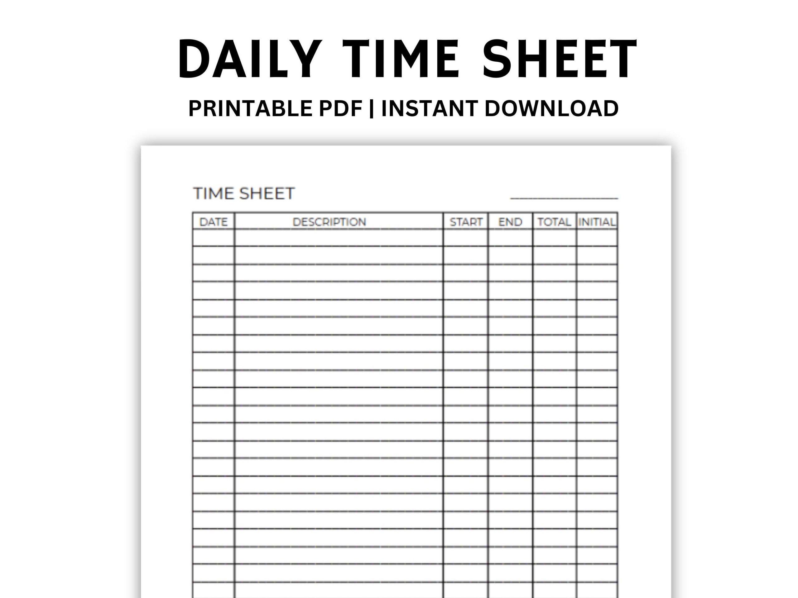 Daily Time Sheet Log Printable PDF Employee Work Hours Log Timekeeping Sheet Time Tracker Activity Log Digital Download Working Hours Etsy
