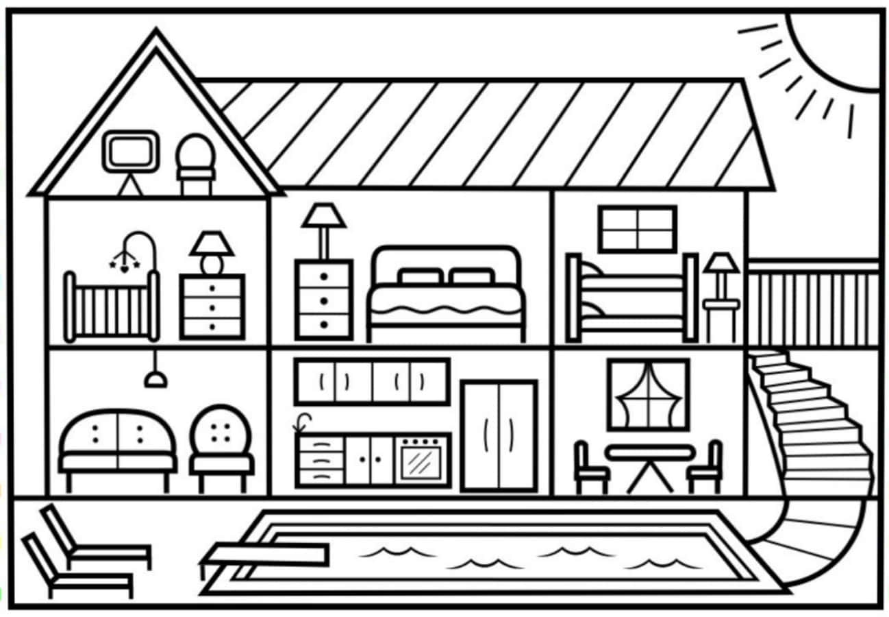 Download A House Coloring Page With A House And Furniture Wallpapers