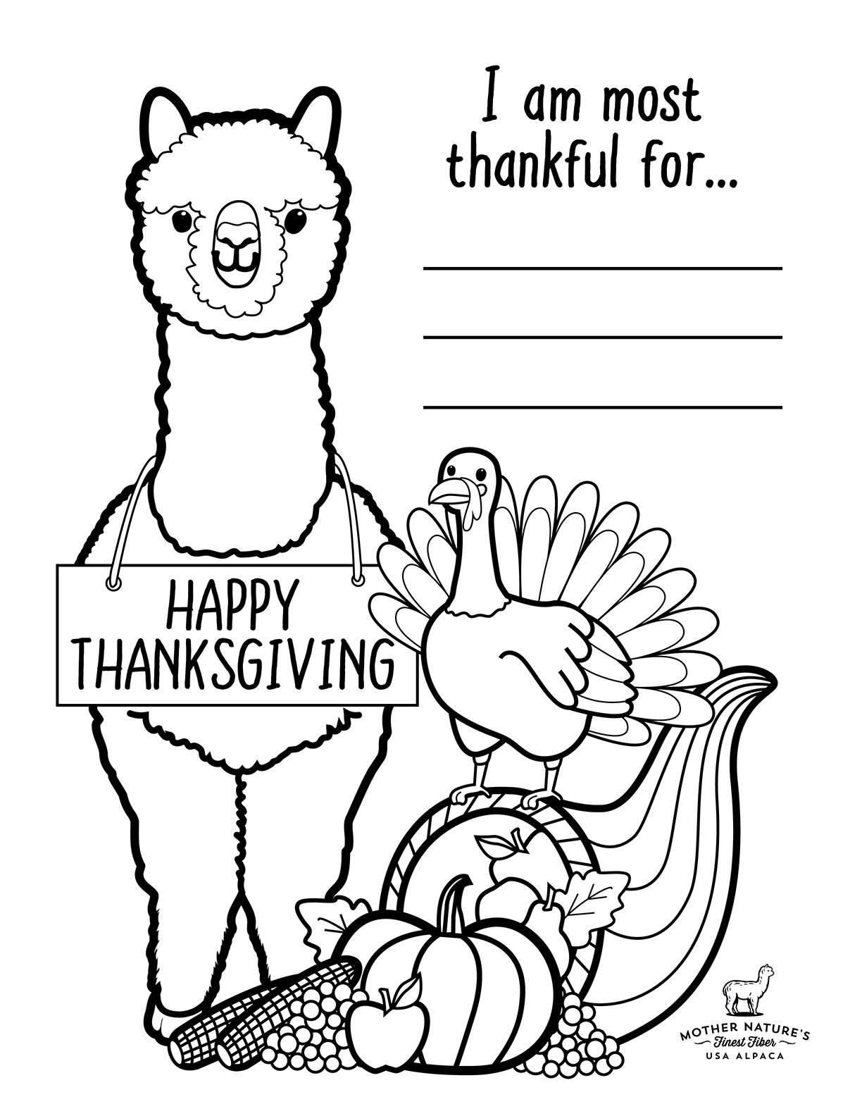 Free Download Thanksgiving Alpaca Coloring Pages 