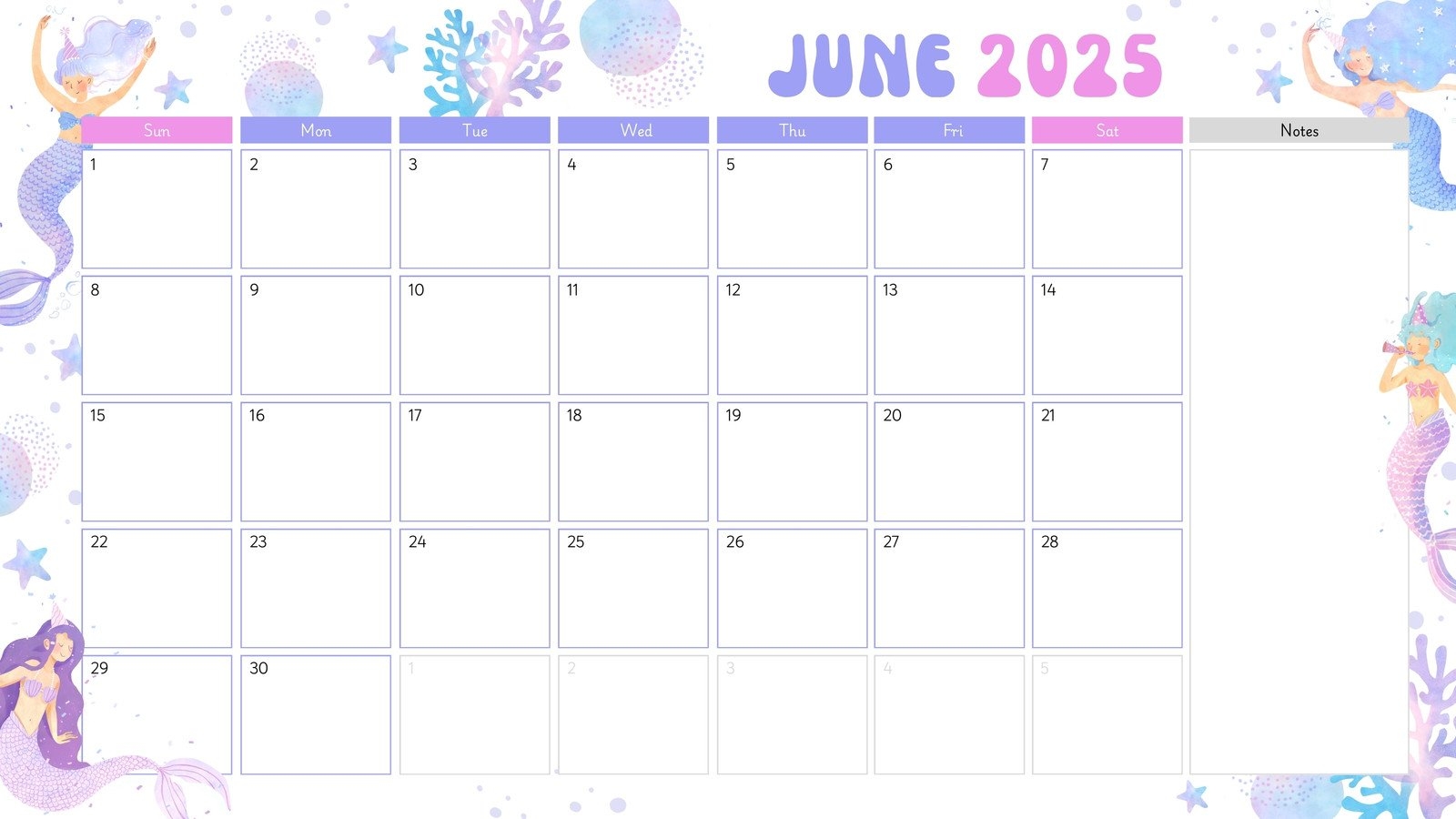 color 2025 june calendar planner printable