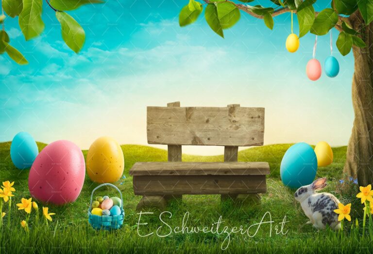 Happy Easter Background With Bench Rabbit And Colorful Eggs For Photographers Digital Download Fieldlandscape Grass Meadow Copyspace Etsy