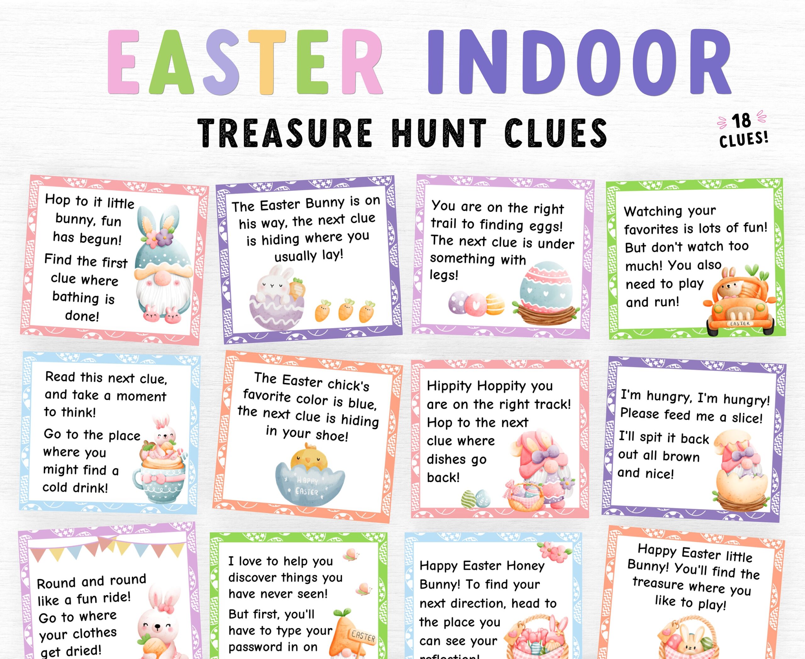 Indoor Easter Treasure Hunt Clues Easter Scavenger Hunt For Kids Easter Printable Game Kids Printable Eggs Hunt Clue Easter Game Etsy