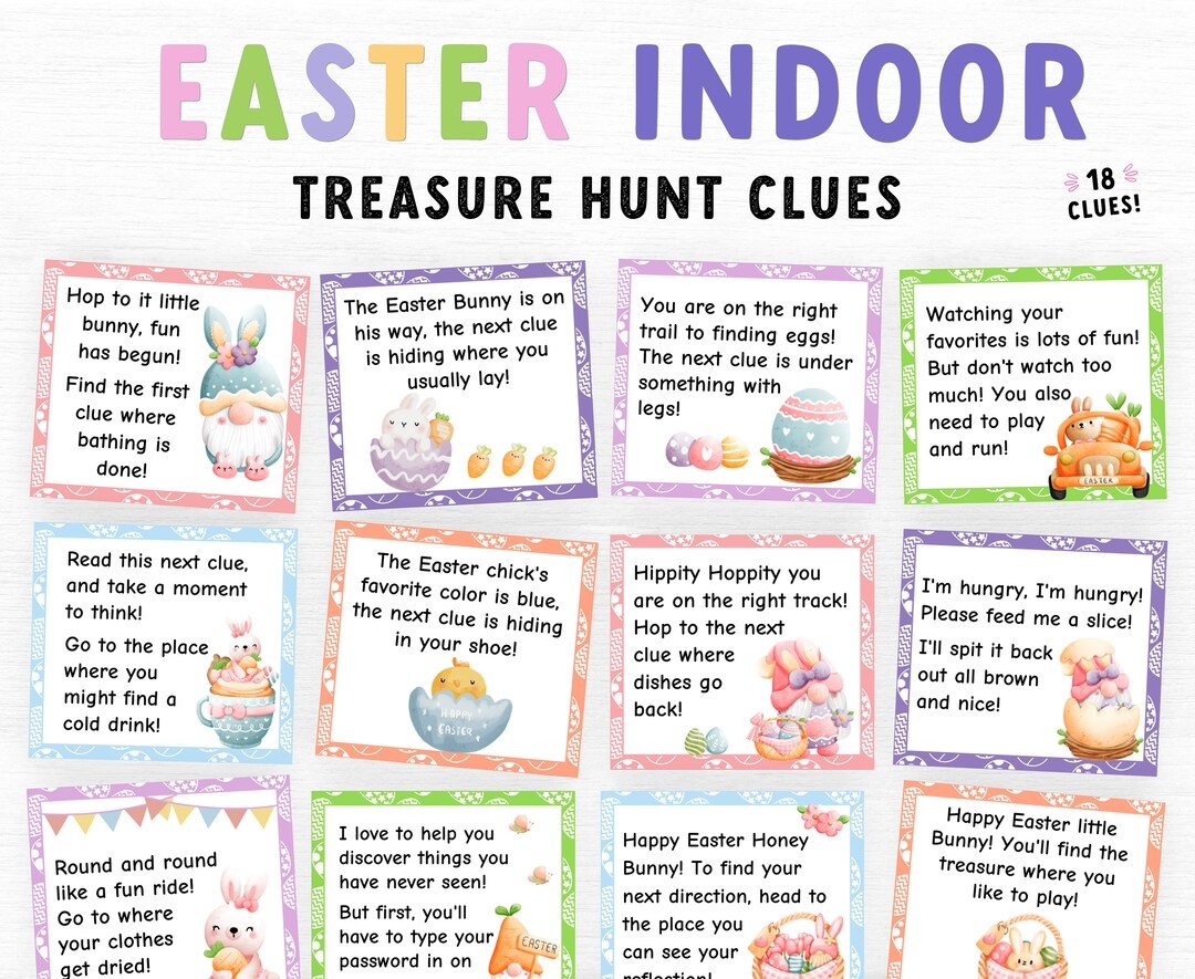 Indoor Easter Treasure Hunt Clues Easter Scavenger Hunt For Kids Easter Printable Game Kids Printable Eggs Hunt Clue Easter Game Etsy