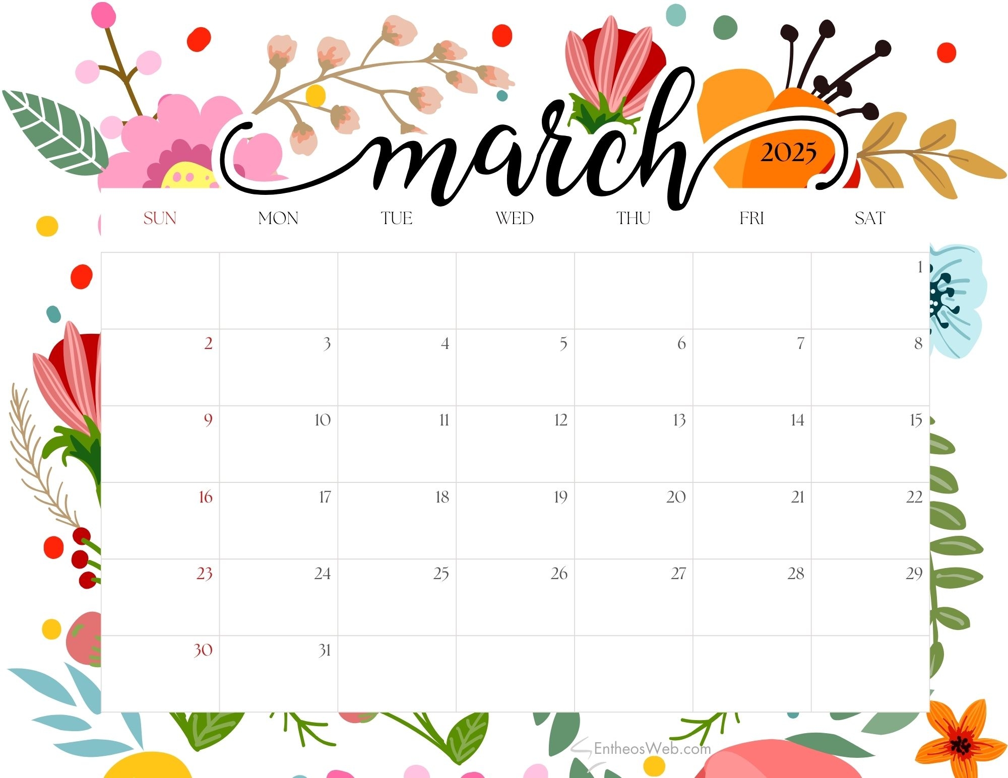 March 2025 Calendar Free PDF Printables EntheosWeb